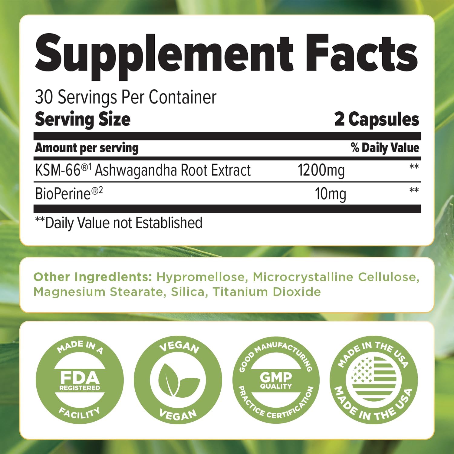 Ashwagandha KSM-66 Capsules for Occasional Stress Relief, Dietary Supplement, 1 Month Supply