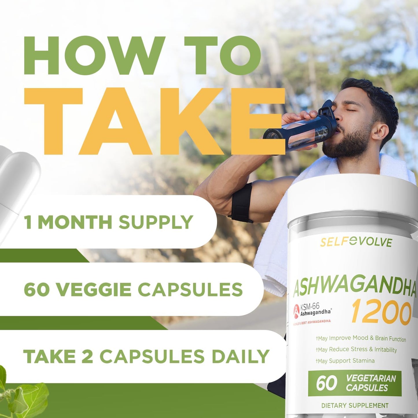 Ashwagandha KSM-66 Capsules for Occasional Stress Relief, Dietary Supplement, 1 Month Supply