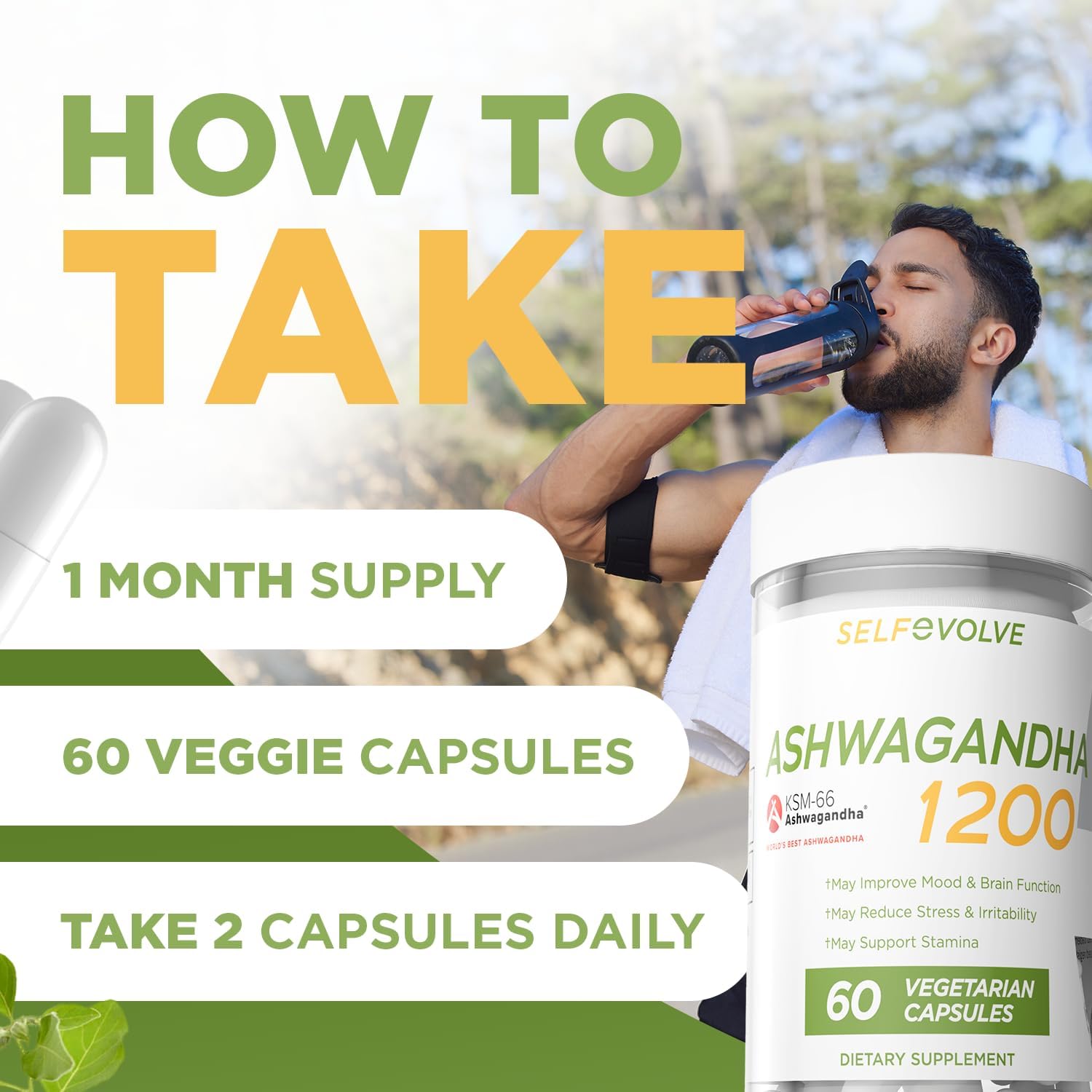 Ashwagandha KSM-66 Capsules for Occasional Stress Relief, Dietary Supplement, 1 Month Supply