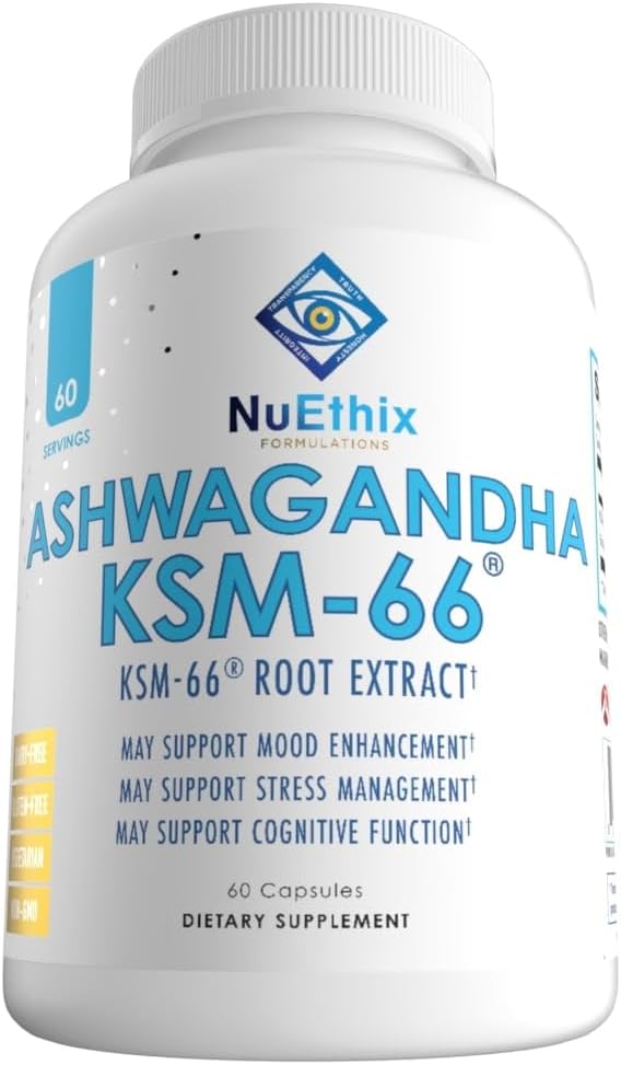 Ashwagandha KSM-66 Root Extract Capsules for Mood, Stress, Cognitive Support - 500mg w/ BioPerine - Gluten Free, Vegetarian, Non-GMO - 60 Servings