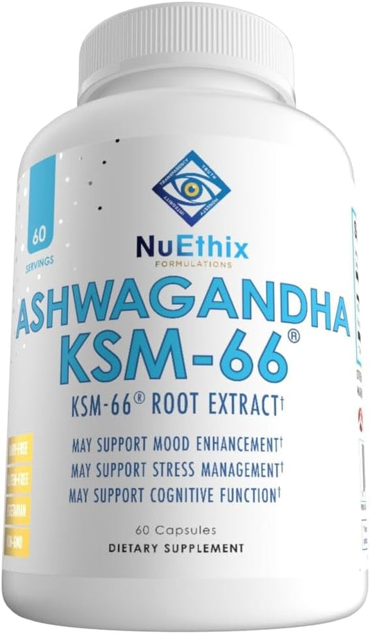 Ashwagandha KSM-66 Root Extract Capsules for Mood, Stress, Cognitive Support - 500mg w/ BioPerine - Gluten Free, Vegetarian, Non-GMO - 60 Servings