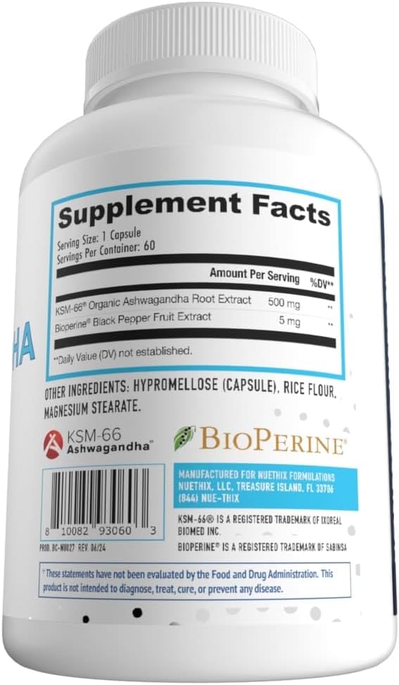 Ashwagandha KSM-66 Root Extract Capsules for Mood, Stress, Cognitive Support - 500mg w/ BioPerine - Gluten Free, Vegetarian, Non-GMO - 60 Servings