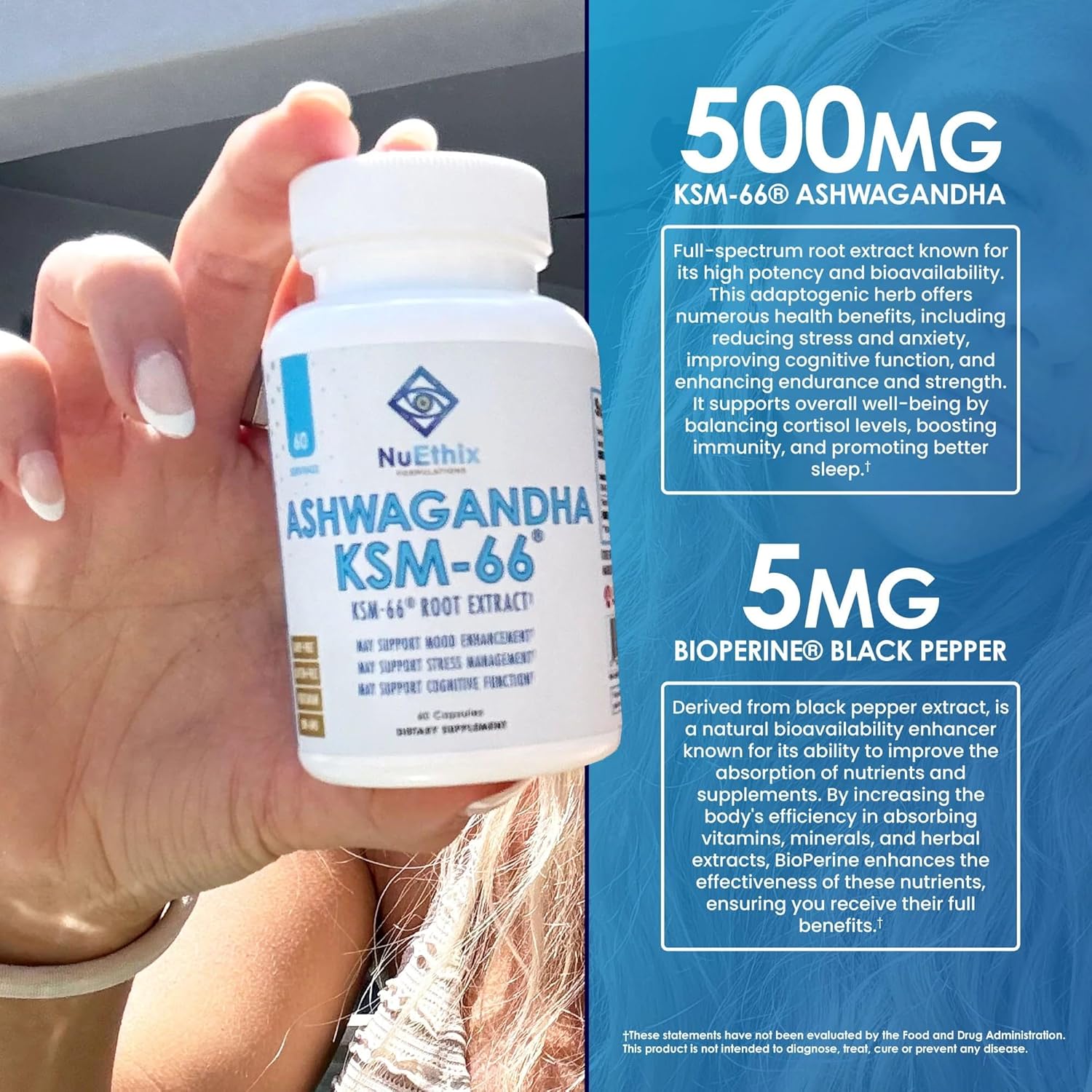 Ashwagandha KSM-66 Root Extract Capsules for Mood, Stress, Cognitive Support - 500mg w/ BioPerine - Gluten Free, Vegetarian, Non-GMO - 60 Servings