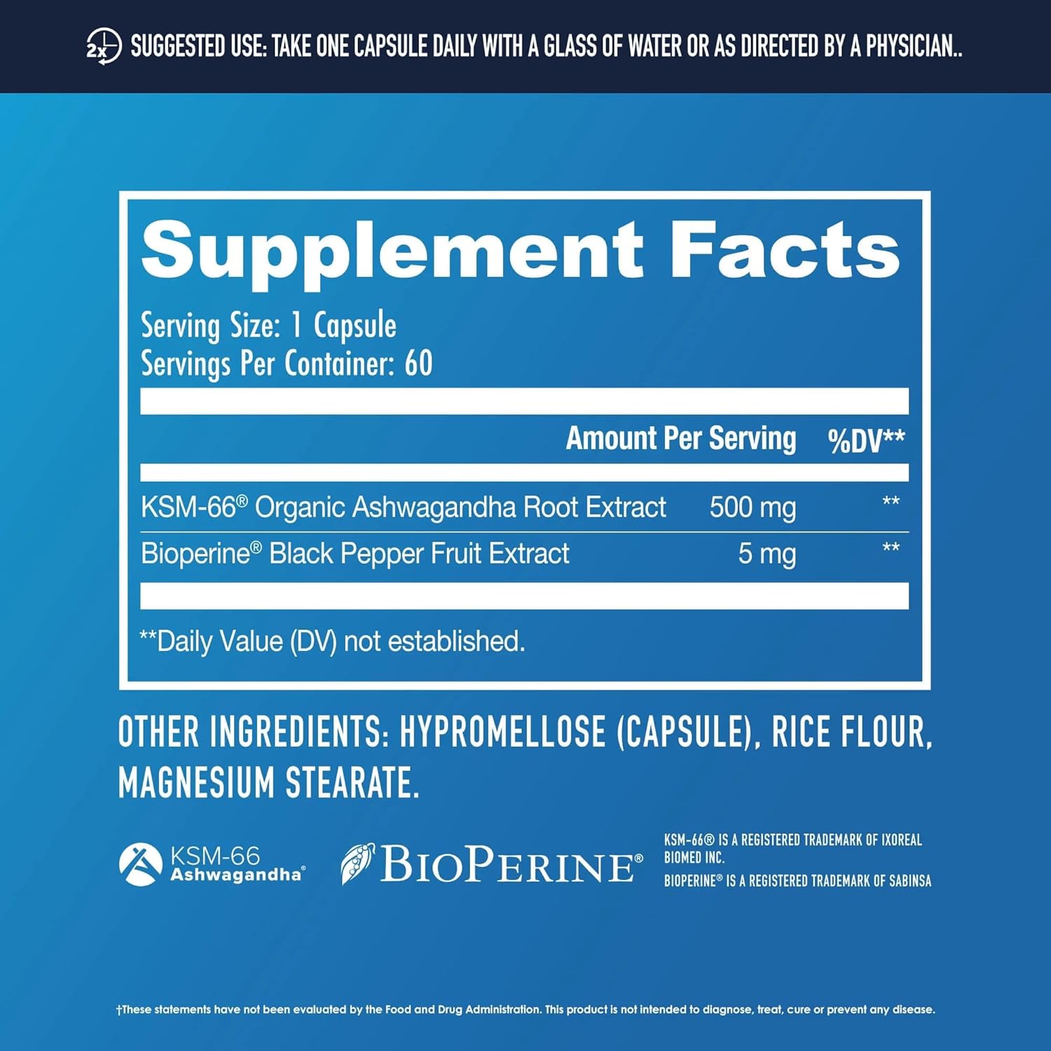 Ashwagandha KSM-66 Root Extract Capsules for Mood, Stress, Cognitive Support - 500mg w/ BioPerine - Gluten Free, Vegetarian, Non-GMO - 60 Servings