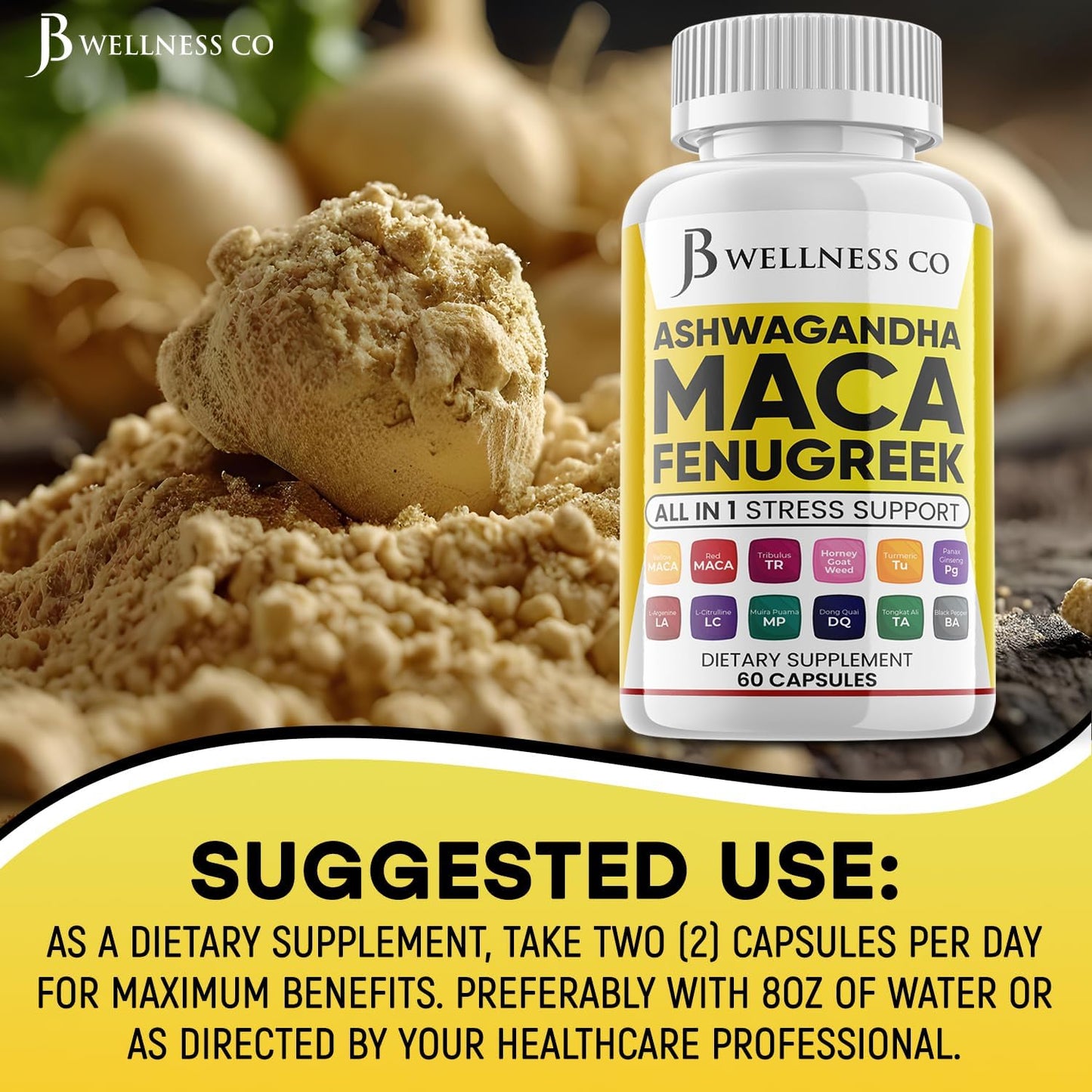 Ashwagandha Maca Root Fenugreek Supplement for Mood & Thyroid Health - USA Made - 120 Capsules by JB WELLNESS CO