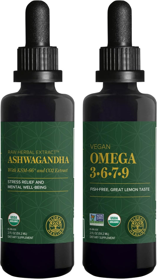Ashwagandha & Omega 3 6 7 9 Kit for Nervousness, Brain, Heart, and Eye Health by Global Healing Center