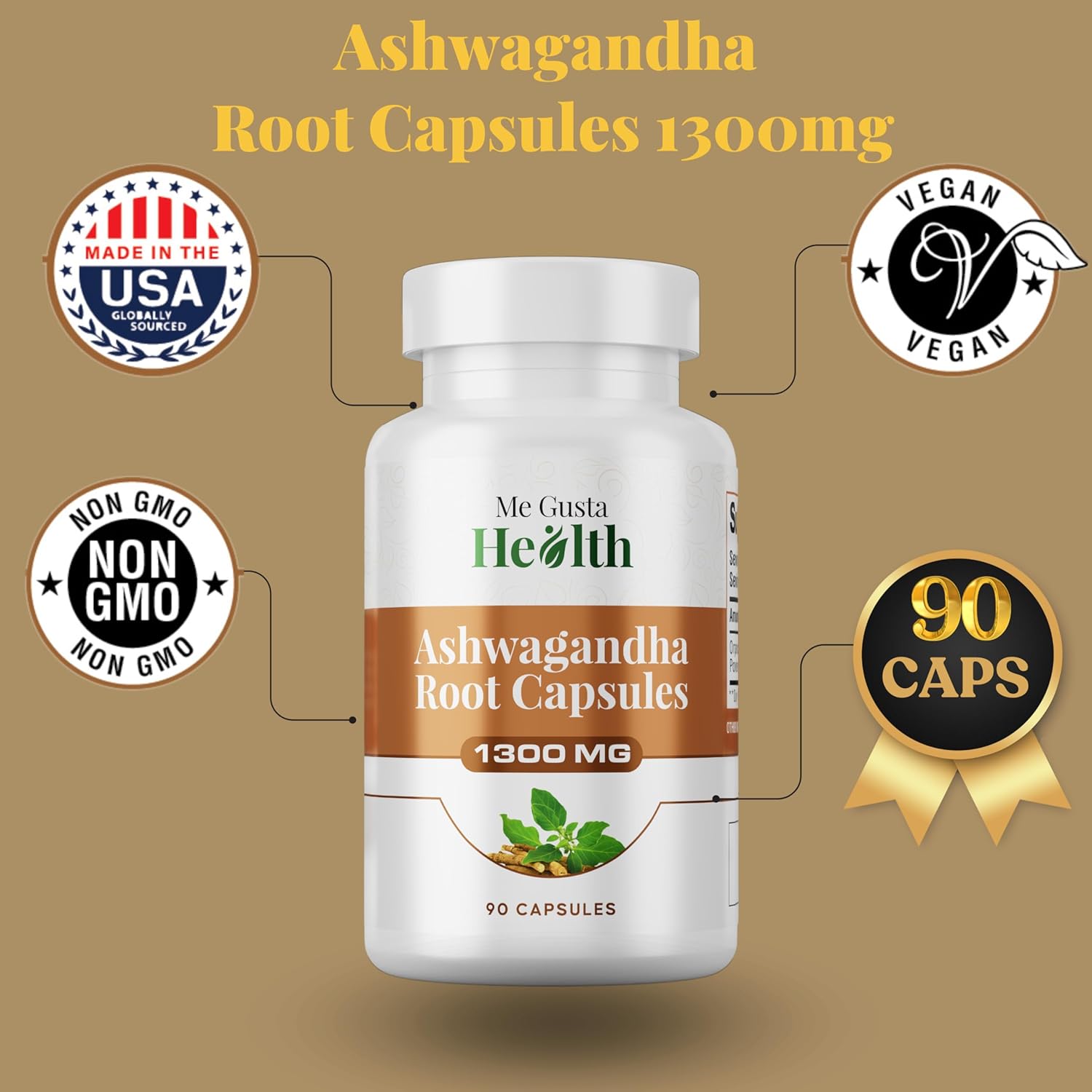 Ashwagandha Root Capsules 1300mg for Metabolism, Immune & Mood Support - Energy & Sleep Aid - 90ct Non-GMO - ME GUSTA HEALTH