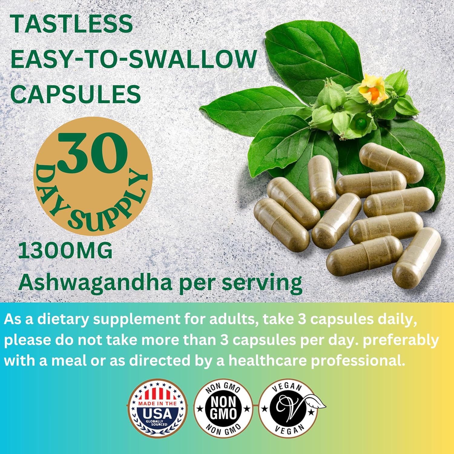 Ashwagandha Root Capsules 1300mg for Metabolism, Immune & Mood Support - Energy & Sleep Aid - 90ct Non-GMO - ME GUSTA HEALTH
