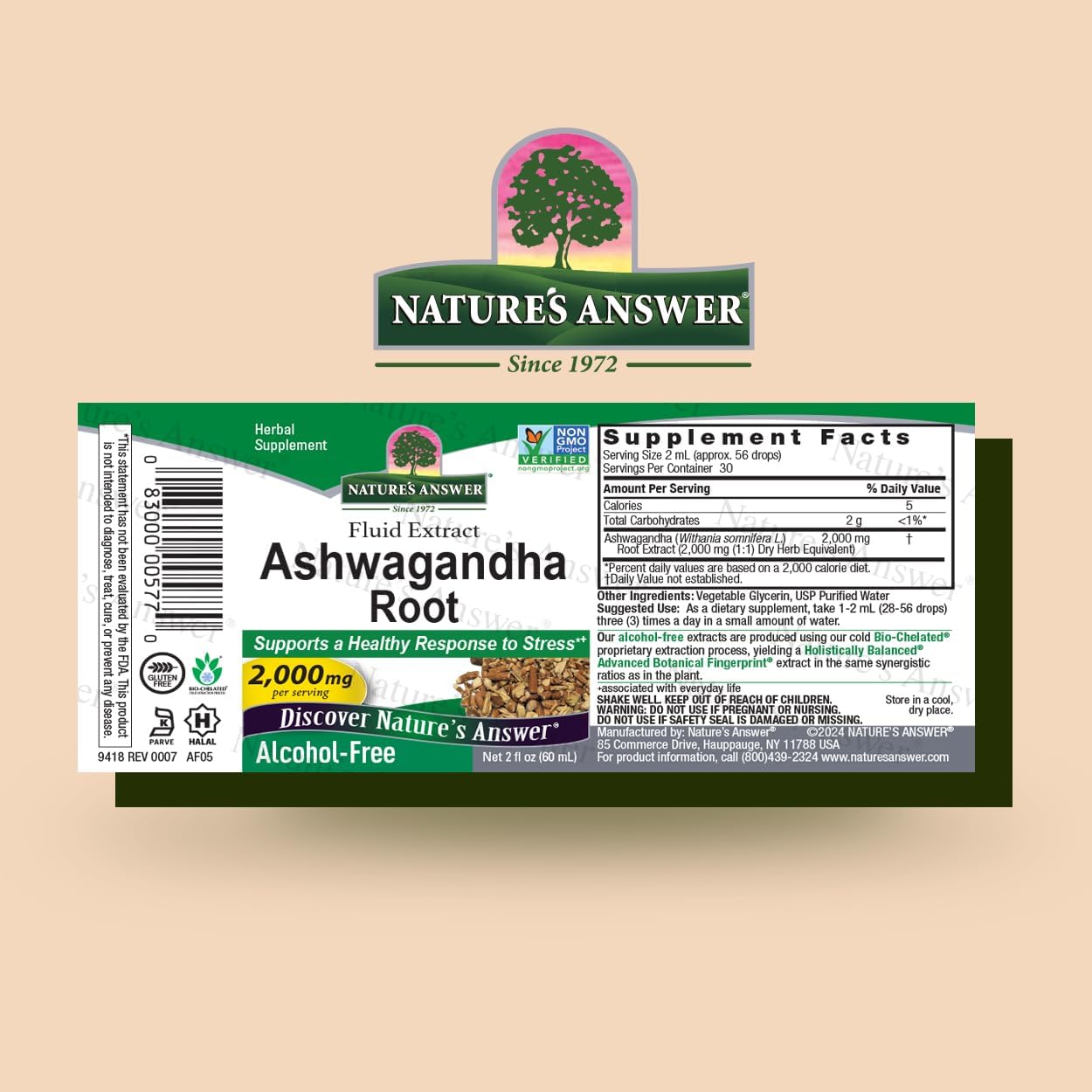 Ashwagandha Root Herbal Supplement | Supports Immune Function & Reduces Stress | Gluten-Free, Alcohol-Free, Vegan | 2oz