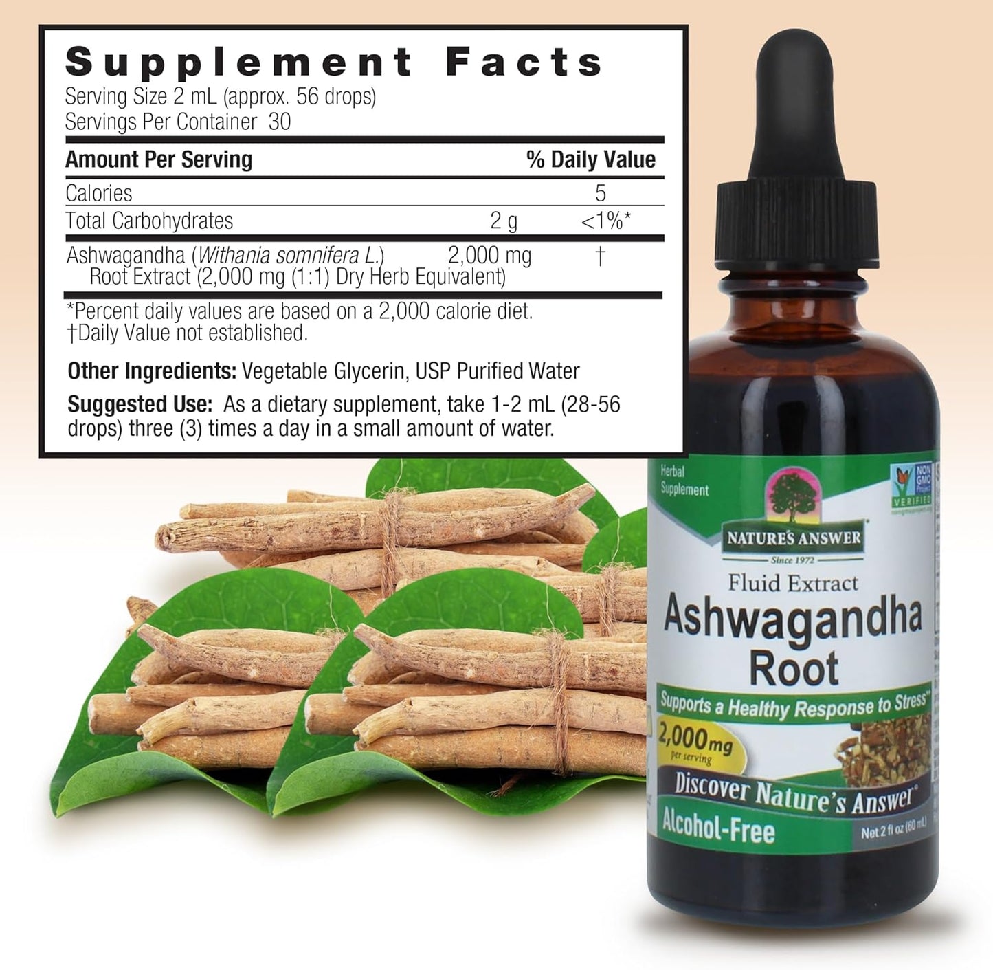 Ashwagandha Root Herbal Supplement | Supports Immune Function & Reduces Stress | Gluten-Free, Alcohol-Free, Vegan | 2oz