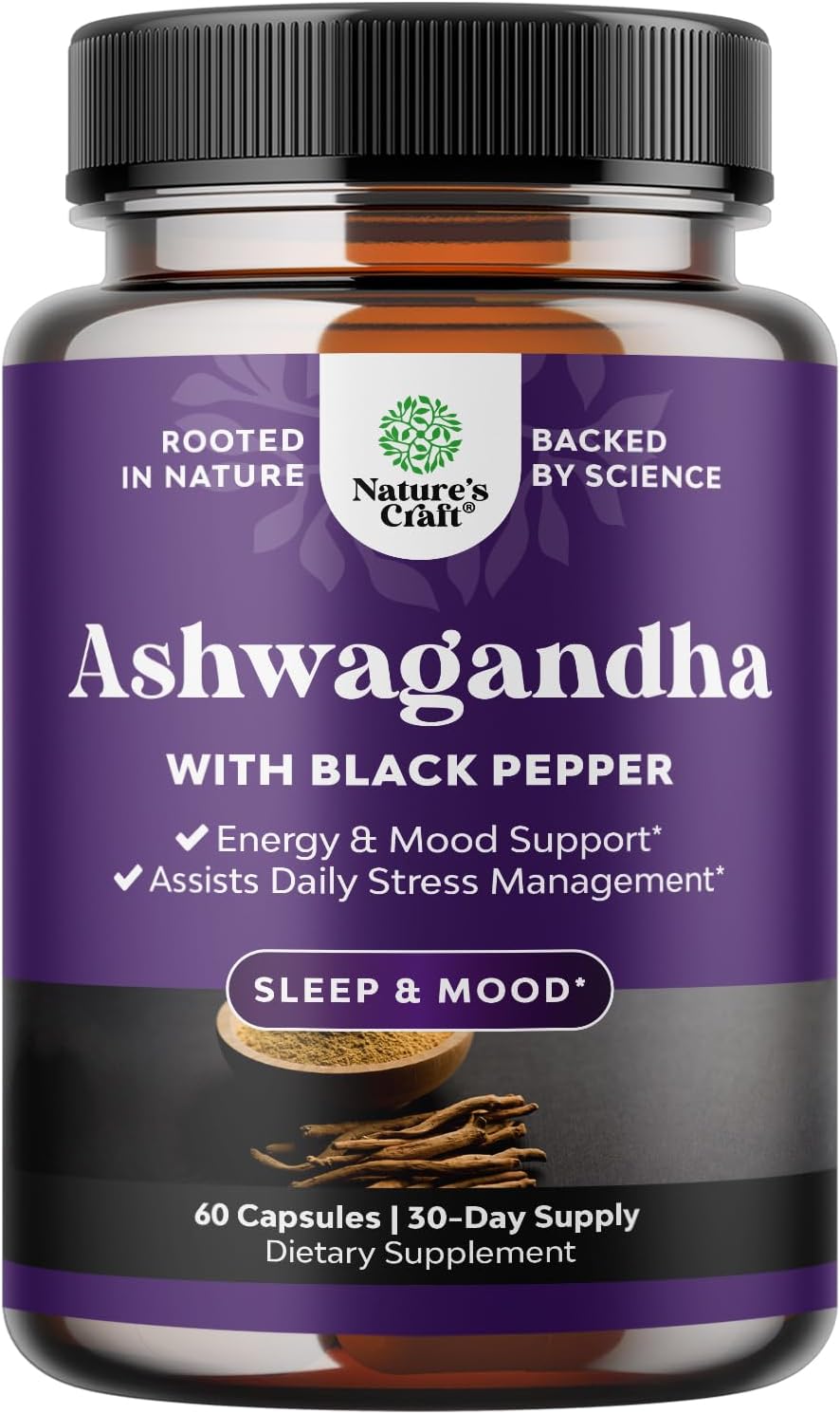 Ashwagandha Root Powder Capsules for Sleep, Mood Improvement, and Immune Support - Withania Somnifera Supplement for Men and Women