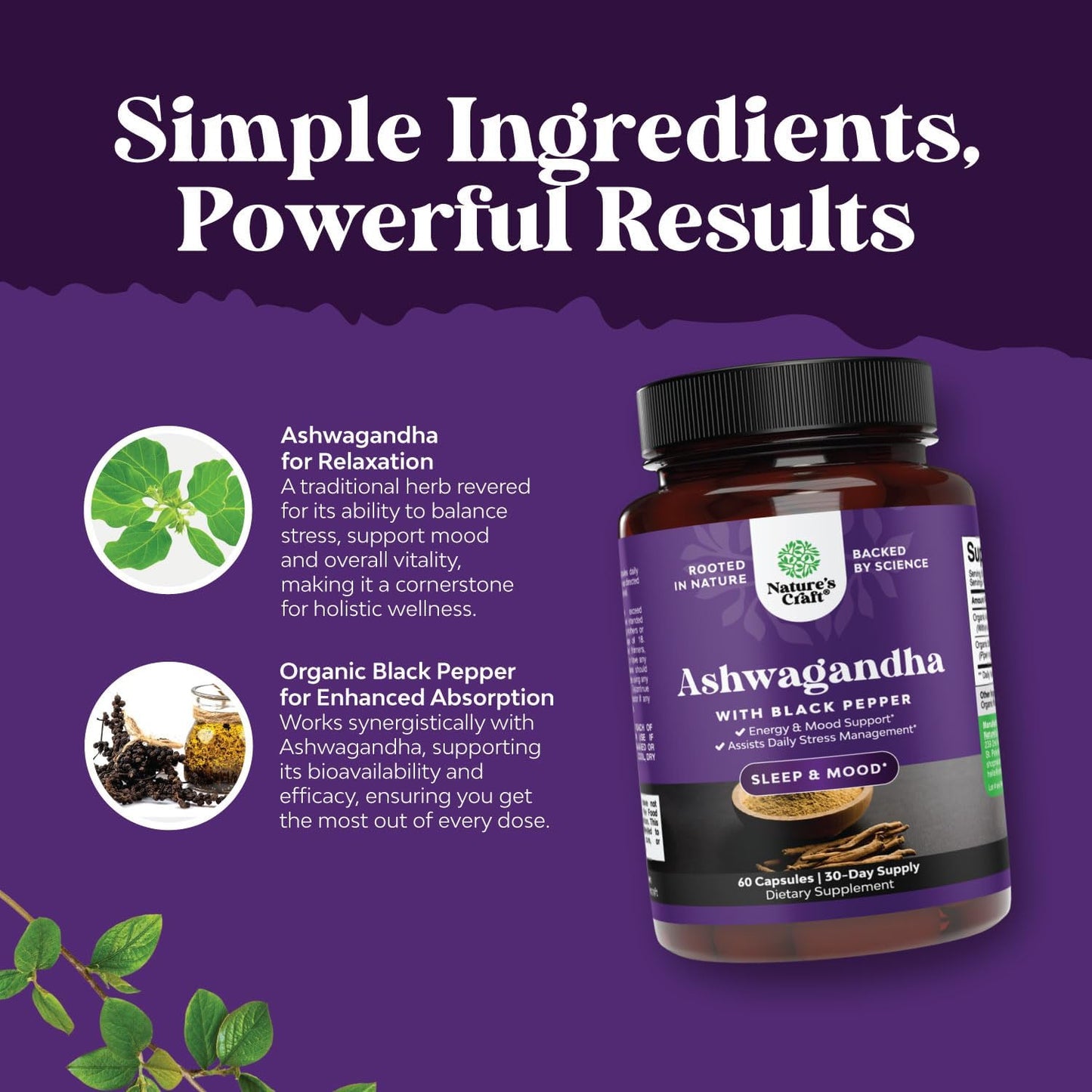Ashwagandha Root Powder Capsules for Sleep, Mood Improvement, and Immune Support - Withania Somnifera Supplement for Men and Women