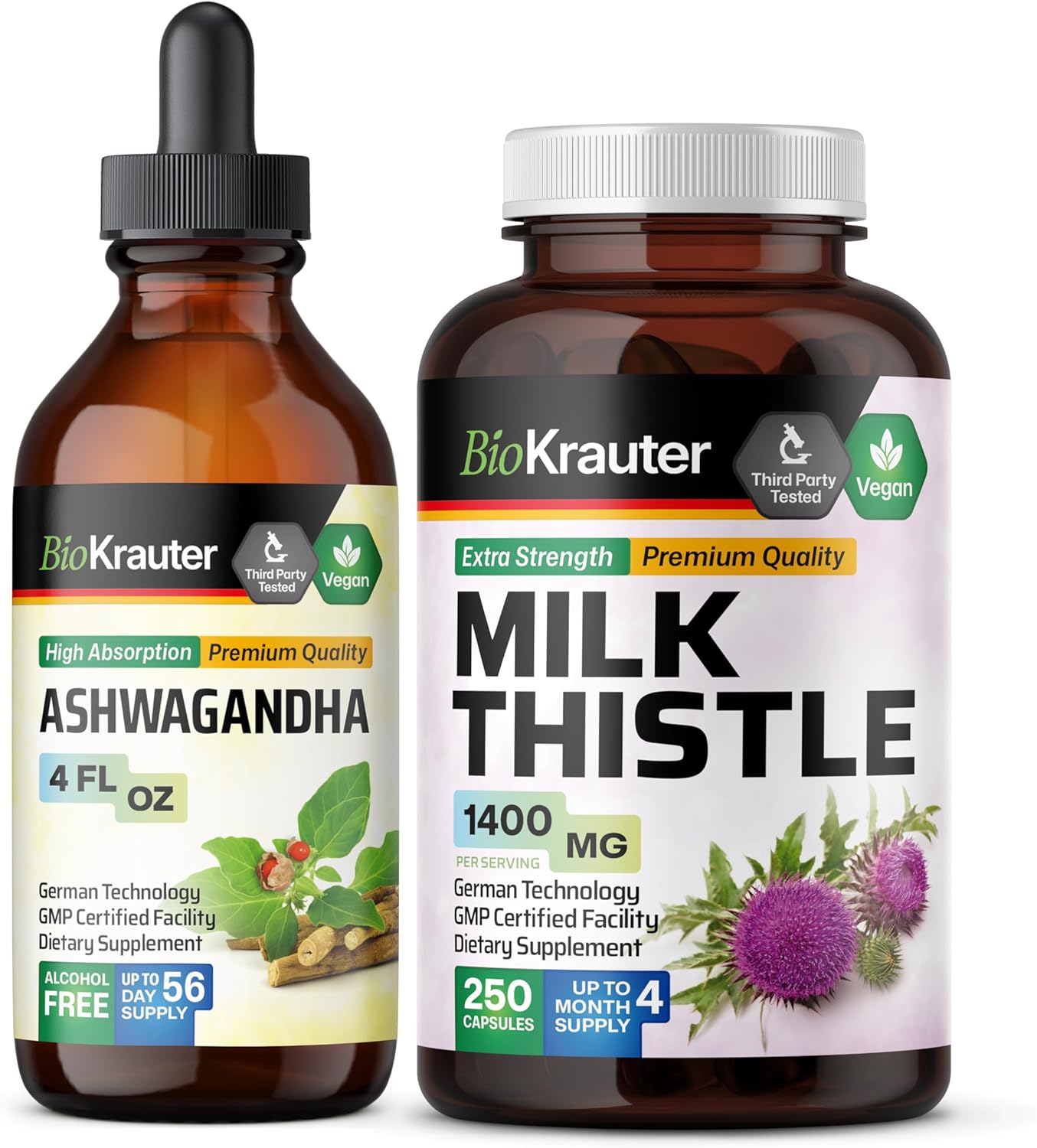 Ashwagandha Tincture and Milk Thistle Capsules Bundle - 4 Fl. Oz. & 250 Capsules