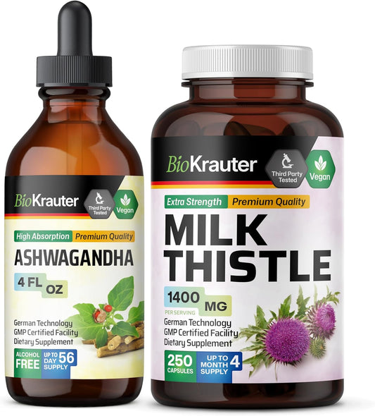 Ashwagandha Tincture and Milk Thistle Capsules Bundle - 4 Fl. Oz. & 250 Capsules