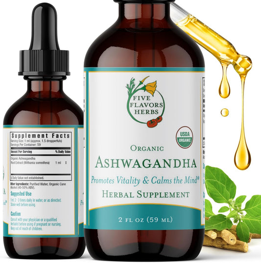 Ashwagandha Tincture with Five Herbal Flavors - Boost Vitality, Relax Mind, Support Immune System - 2 Fl Oz Bottle