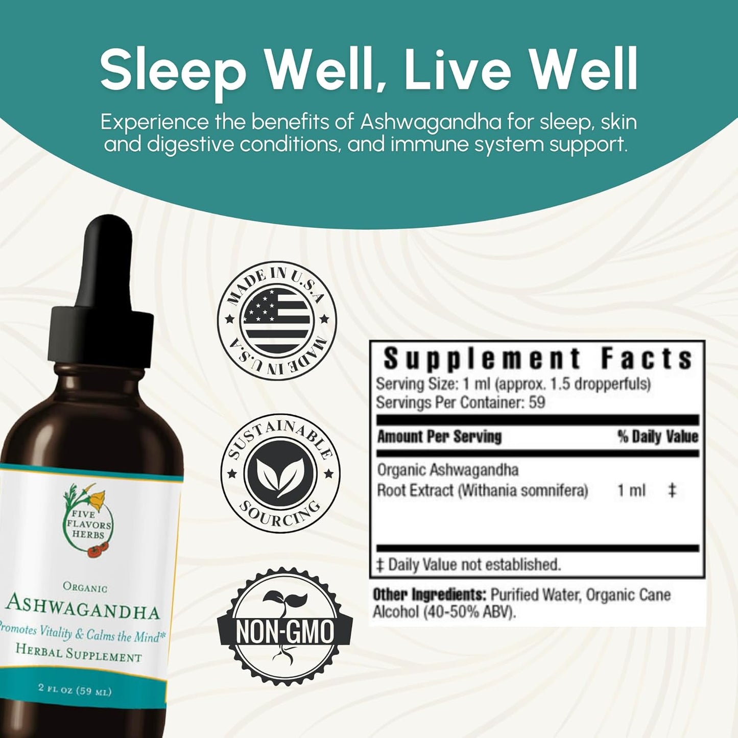 Ashwagandha Tincture with Lemon Balm - Boosts Vitality, Calms Mind, Immune Support - 2 Fl Oz
