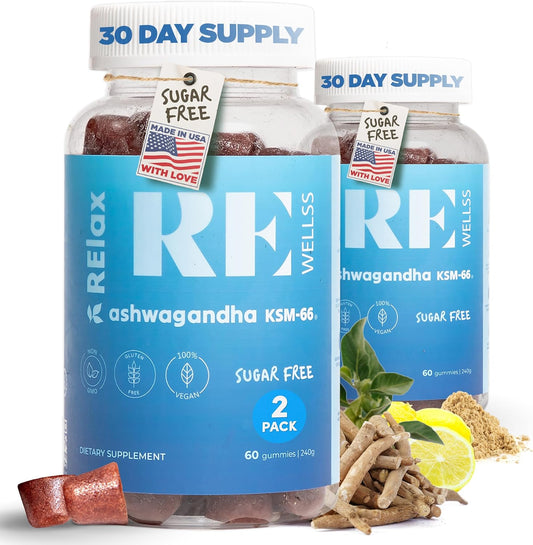 Ashwagandha & Vitamin D Gummies for Stress Support | 300mg KSM 66 Ashwagandha | L-Theanine Lemon Balm | Non-GMO Gluten & Gelatin Free | 2 Pack