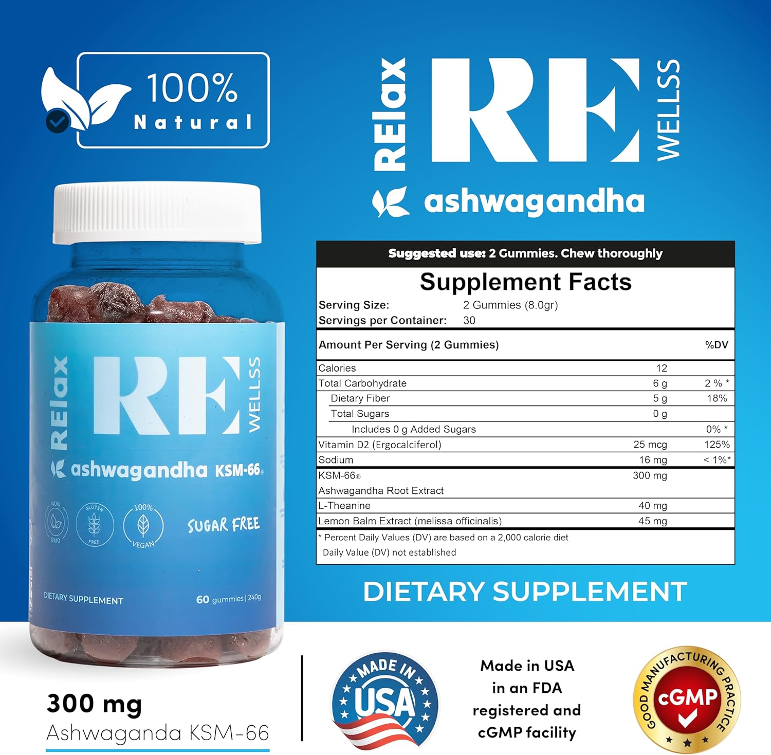 Ashwagandha & Vitamin D Gummies for Stress Support | 300mg KSM 66 Ashwagandha | L-Theanine Lemon Balm | Non-GMO Gluten & Gelatin Free | 2 Pack