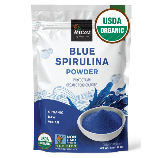 Asiya Life Incas Blue Spirulina Powder: USDA Organic, Vegan Protein, Natural Food Coloring - 50 Servings, No Fishy Smell - Smoothies, Baking, Drinks (1.76oz) - BoostGo Australia