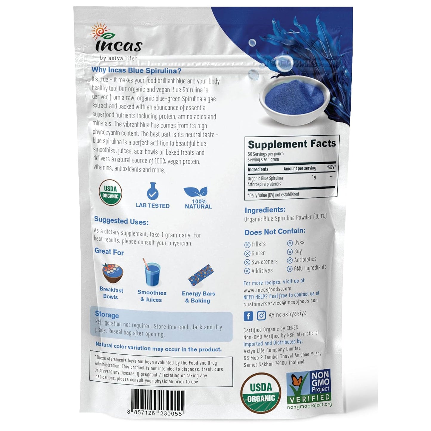 Asiya Life Incas Blue Spirulina Powder: USDA Organic, Vegan Protein, Natural Food Coloring - 50 Servings, No Fishy Smell - Smoothies, Baking, Drinks (1.76oz) - BoostGo Australia