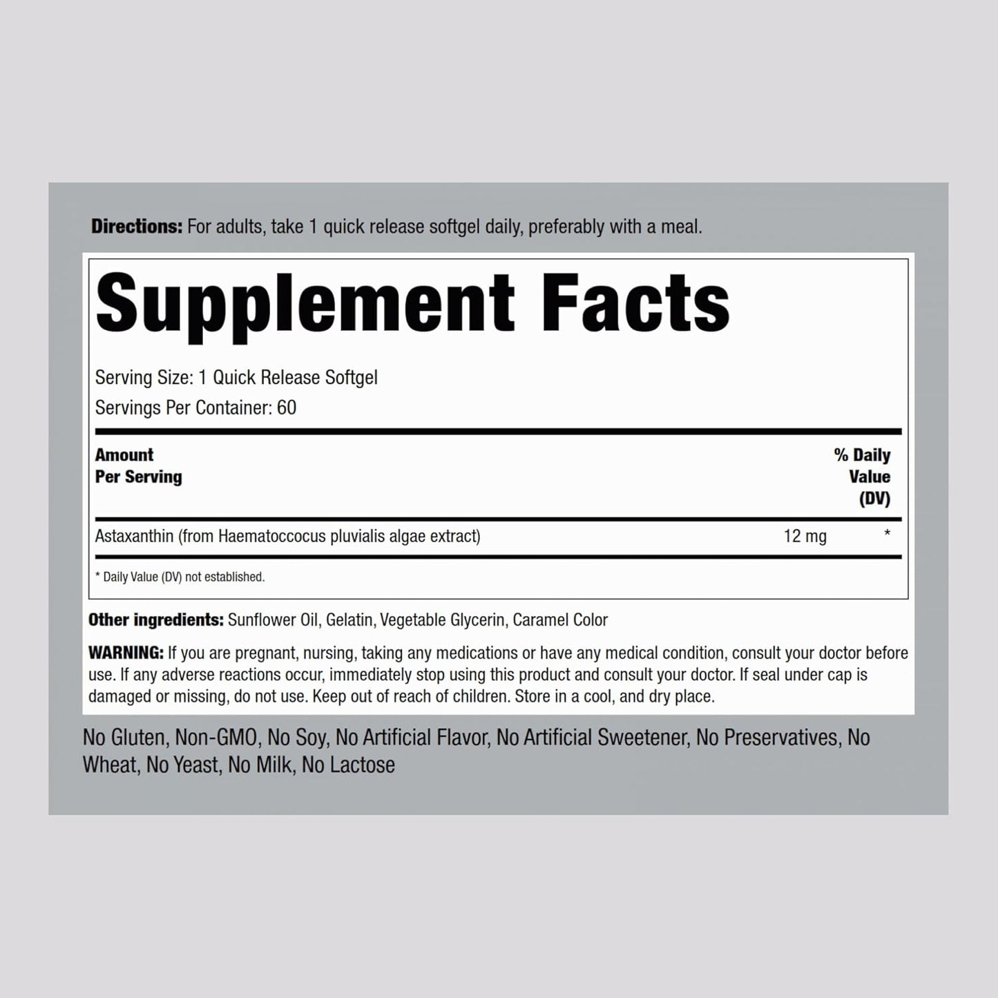 Astaxanthin 12mg Extract Supplement Softgels - 60 Quick Release, Non-GMO, Gluten Free