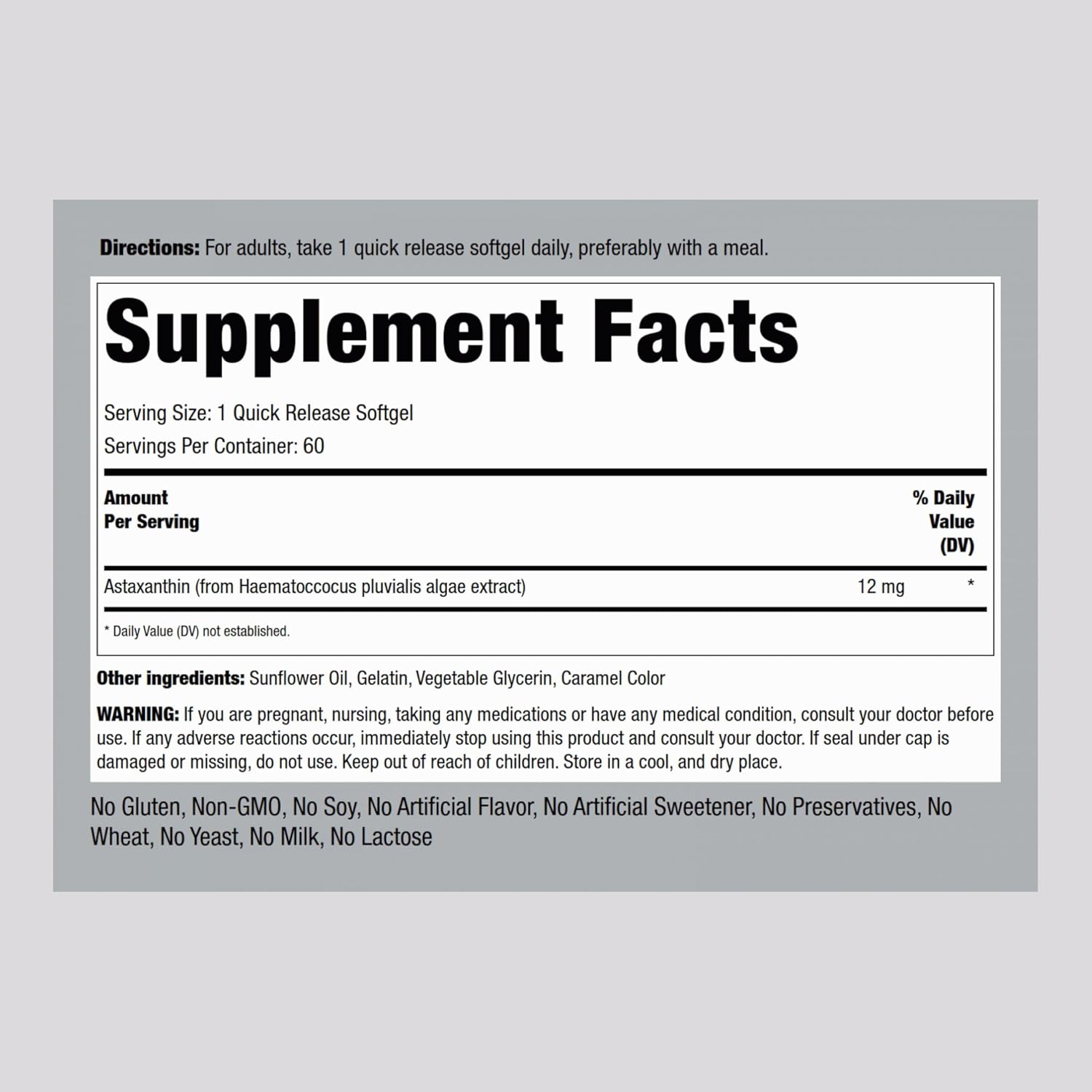 Astaxanthin 12mg Extract Supplement Softgels - 60 Quick Release, Non-GMO, Gluten Free