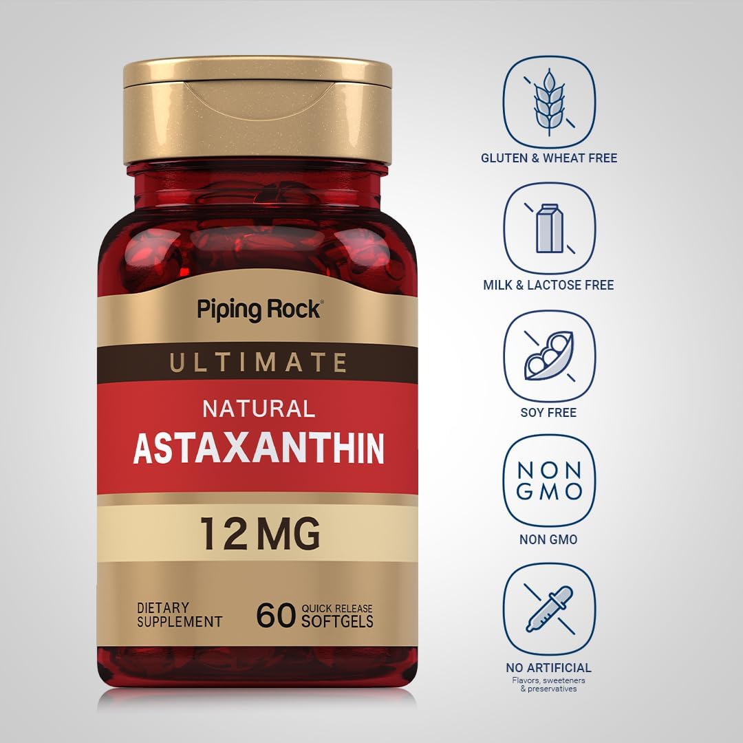 Astaxanthin 12mg Extract Supplement Softgels - 60 Quick Release, Non-GMO, Gluten Free