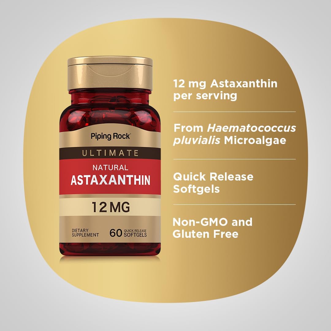 Astaxanthin 12mg Extract Supplement Softgels - 60 Quick Release, Non-GMO, Gluten Free