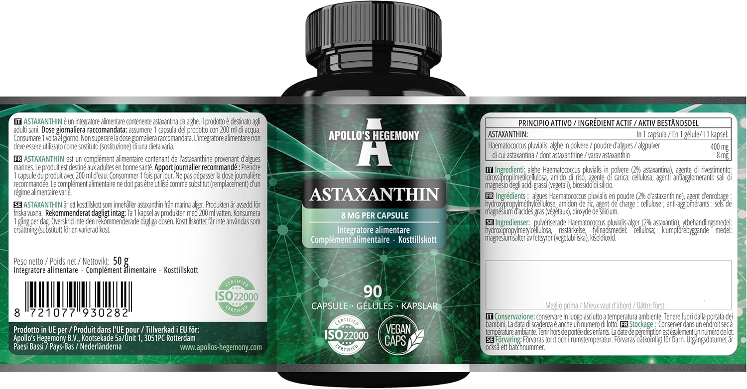 Astaxanthin 8mg Vegan Capsules - 90 Count - Antioxidant from Microalgae - 3 Month Supply - Dietary Supplement by Apollo's Hegemony
