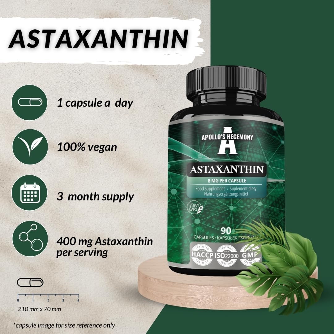 Astaxanthin 8mg Vegan Capsules - 90 Count - Antioxidant from Microalgae - 3 Month Supply - Dietary Supplement by Apollo's Hegemony