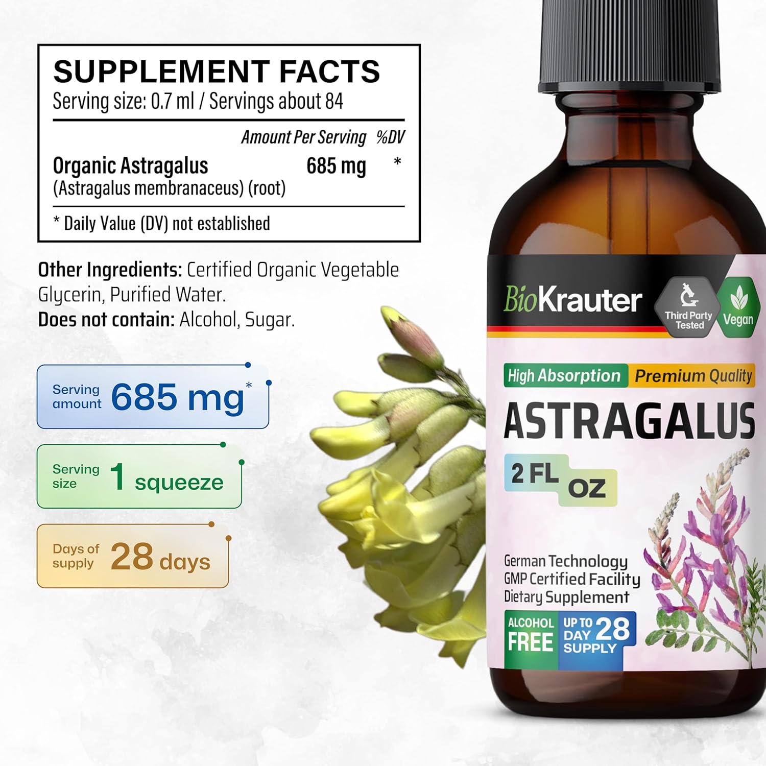 Astragalus Root Liquid Extract - Vegan Immune Support Tincture - High Absorption Formula - Alcohol & Sugar Free - 2 Fl.Oz.