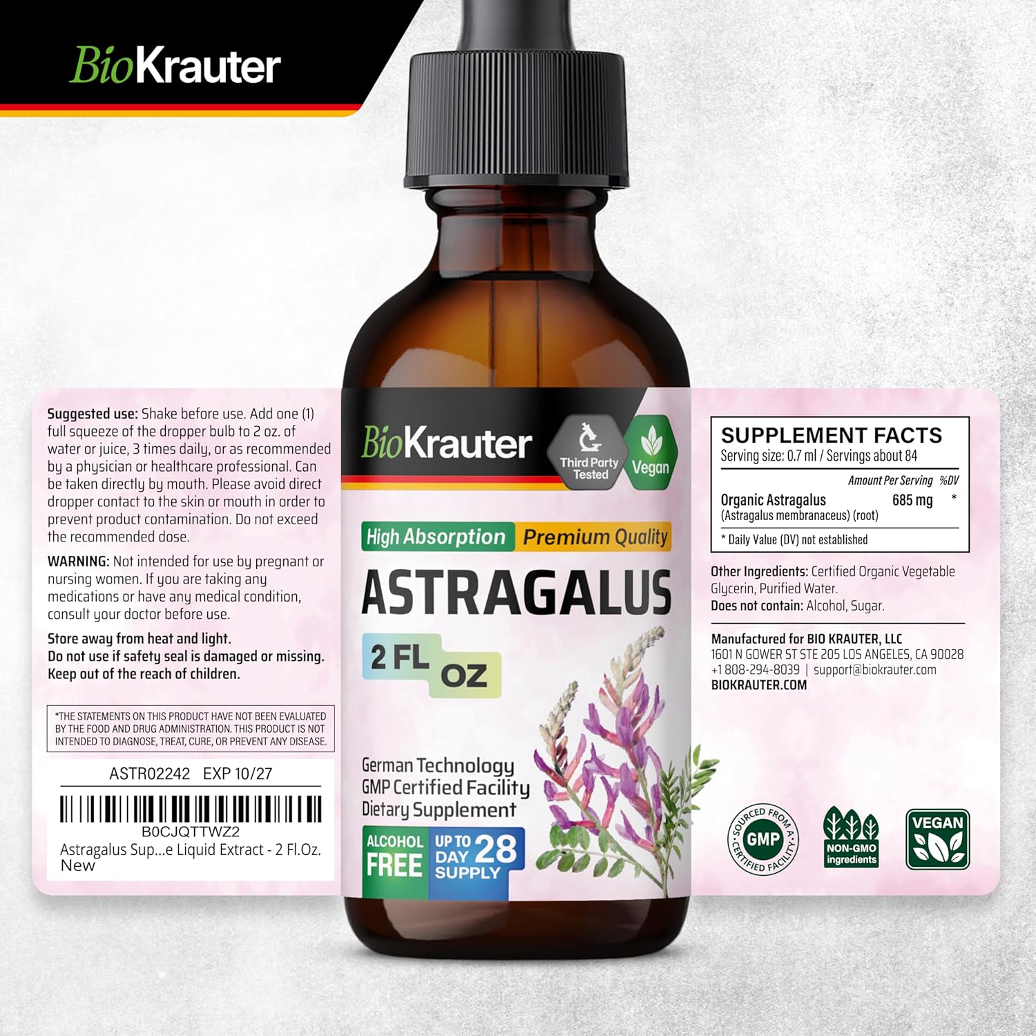 Astragalus Root Liquid Extract - Vegan Immune Support Tincture - High Absorption Formula - Alcohol & Sugar Free - 2 Fl.Oz.