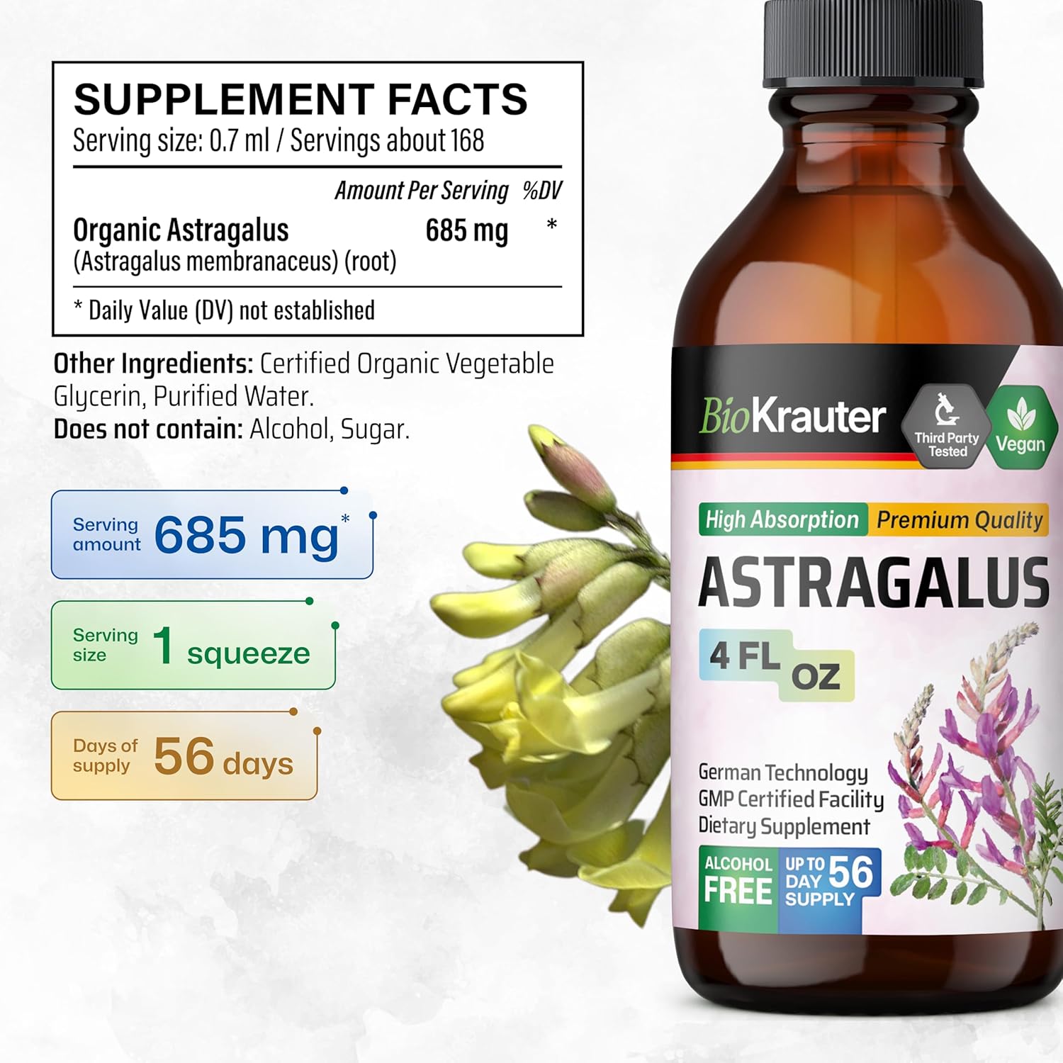 Astragalus Root Tincture for Immune Support - High Absorption Vegan Drops - Alcohol and Sugar Free - 4 Fl.Oz.