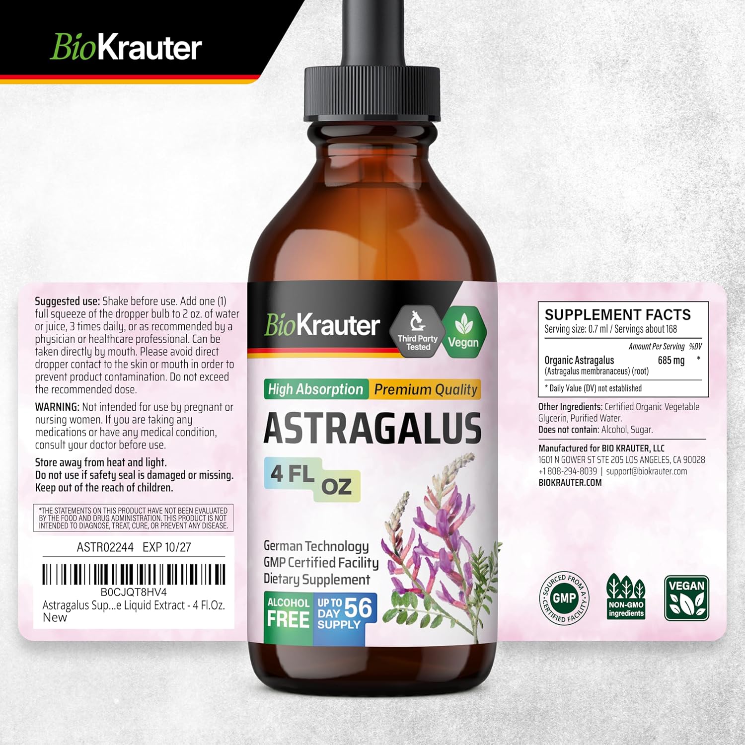 Astragalus Root Tincture for Immune Support - High Absorption Vegan Drops - Alcohol and Sugar Free - 4 Fl.Oz.