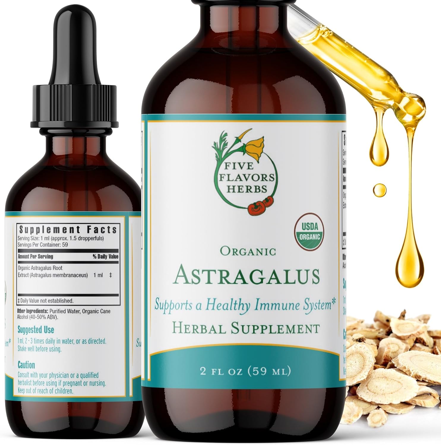 Astragalus Tincture with Five Herb Flavors - Immune, Respiratory, Digestive Support - Maca Supplement - 2 oz