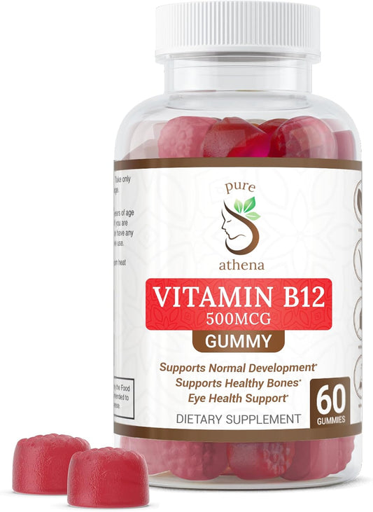 Athena Vitamin B12 Gummy Energy Vitamins for Adults - 1000mcg Sodium Gummies for Bone Health and Immune Support - 60 Raspberry Flavored Gummies