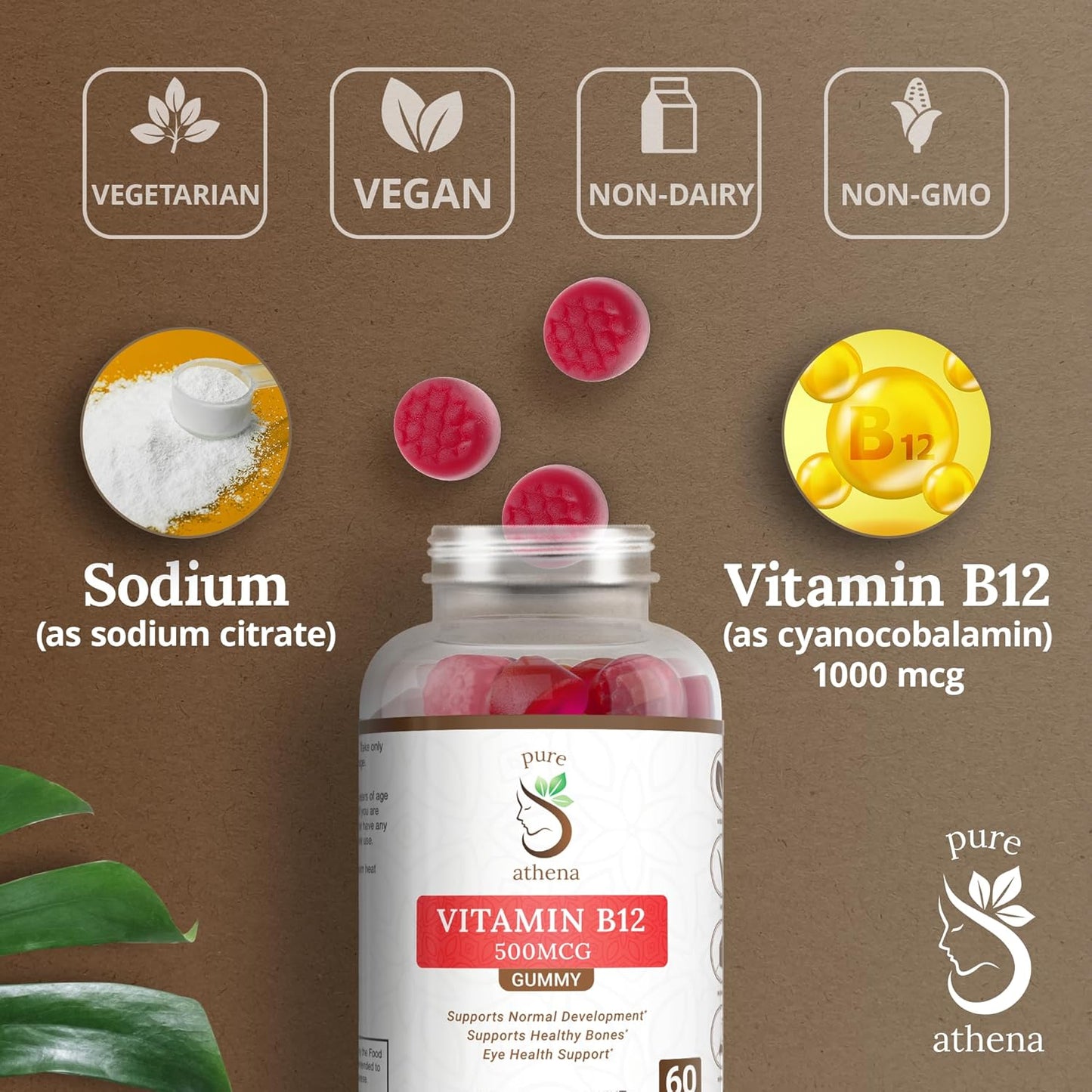 Athena Vitamin B12 Gummy Energy Vitamins for Adults - 1000mcg Sodium Gummies for Bone Health and Immune Support - 60 Raspberry Flavored Gummies