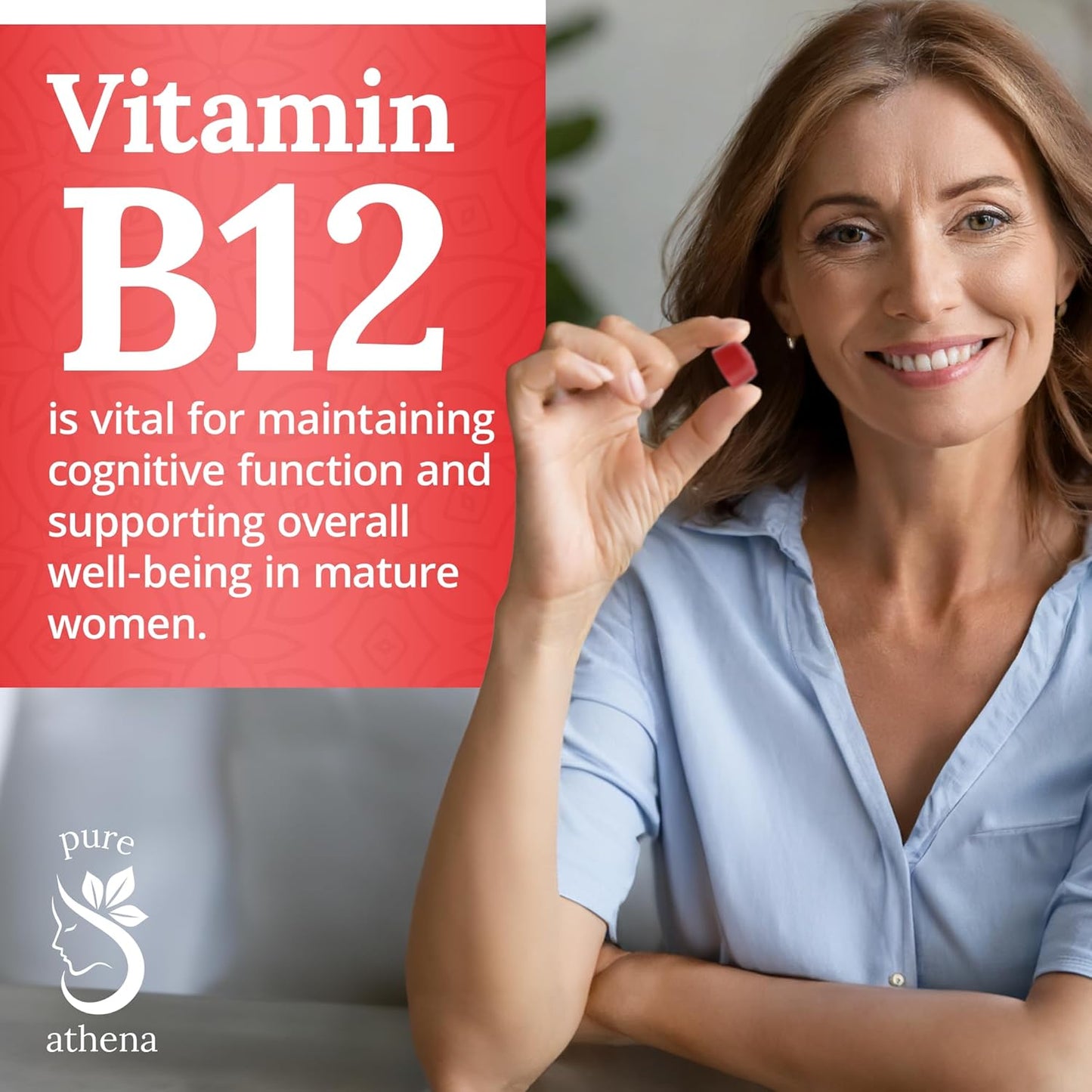 Athena Vitamin B12 Gummy Energy Vitamins for Adults - 1000mcg Sodium Gummies for Bone Health and Immune Support - 60 Raspberry Flavored Gummies