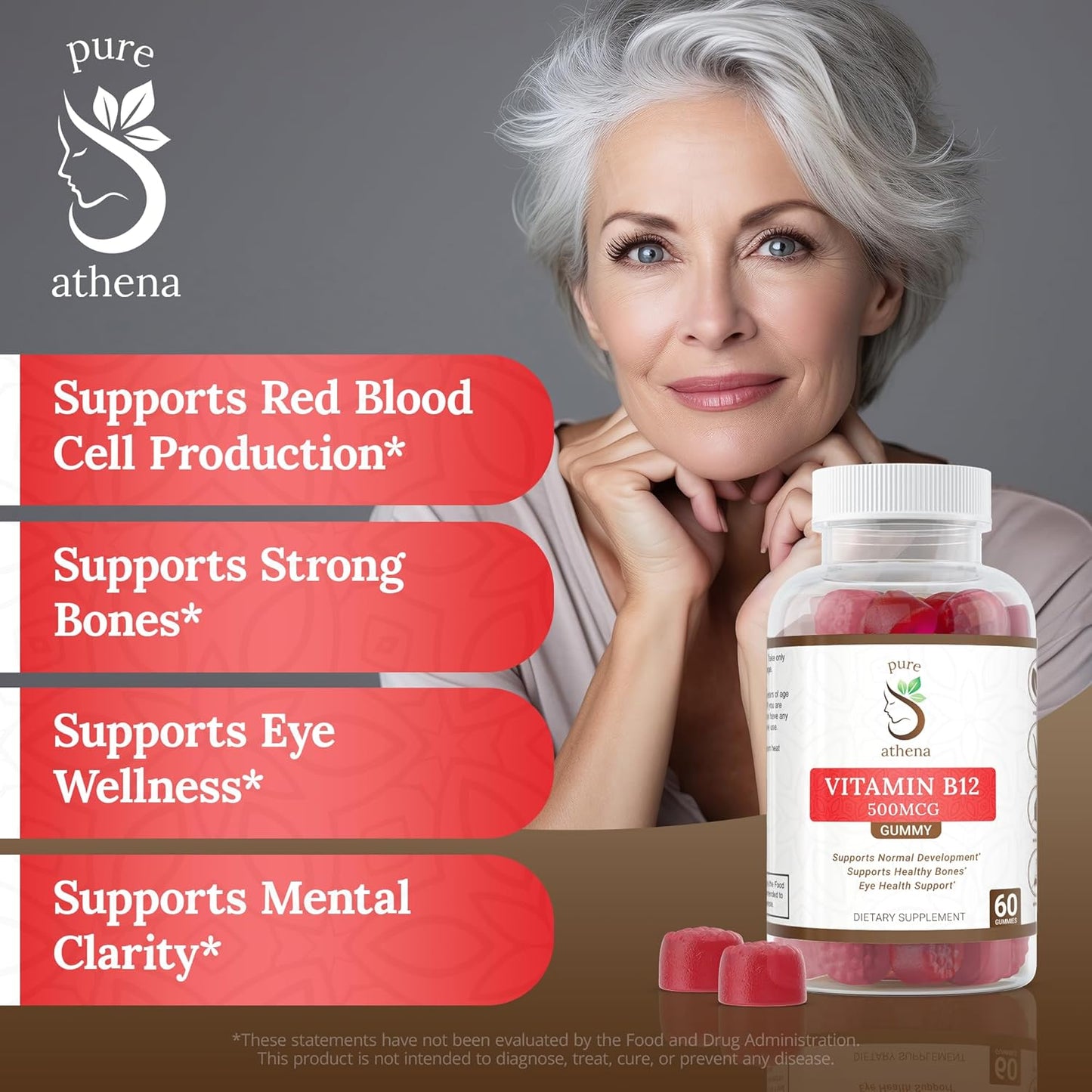 Athena Vitamin B12 Gummy Energy Vitamins for Adults - 1000mcg Sodium Gummies for Bone Health and Immune Support - 60 Raspberry Flavored Gummies