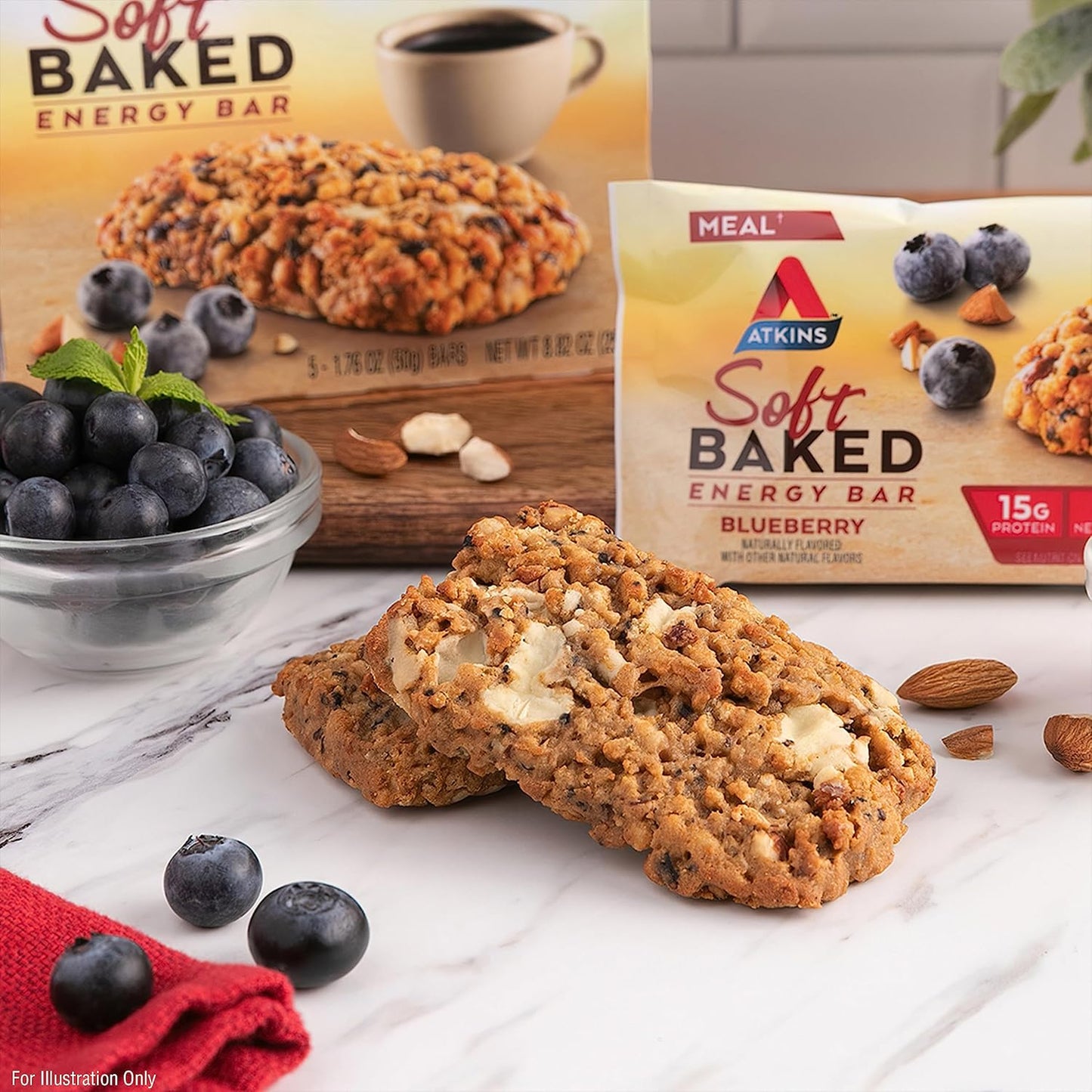 Atkins Blueberry Soft Baked Energy Bars - 15g Protein, 2g Sugar, High Fiber, Low Carb - 20 Bars