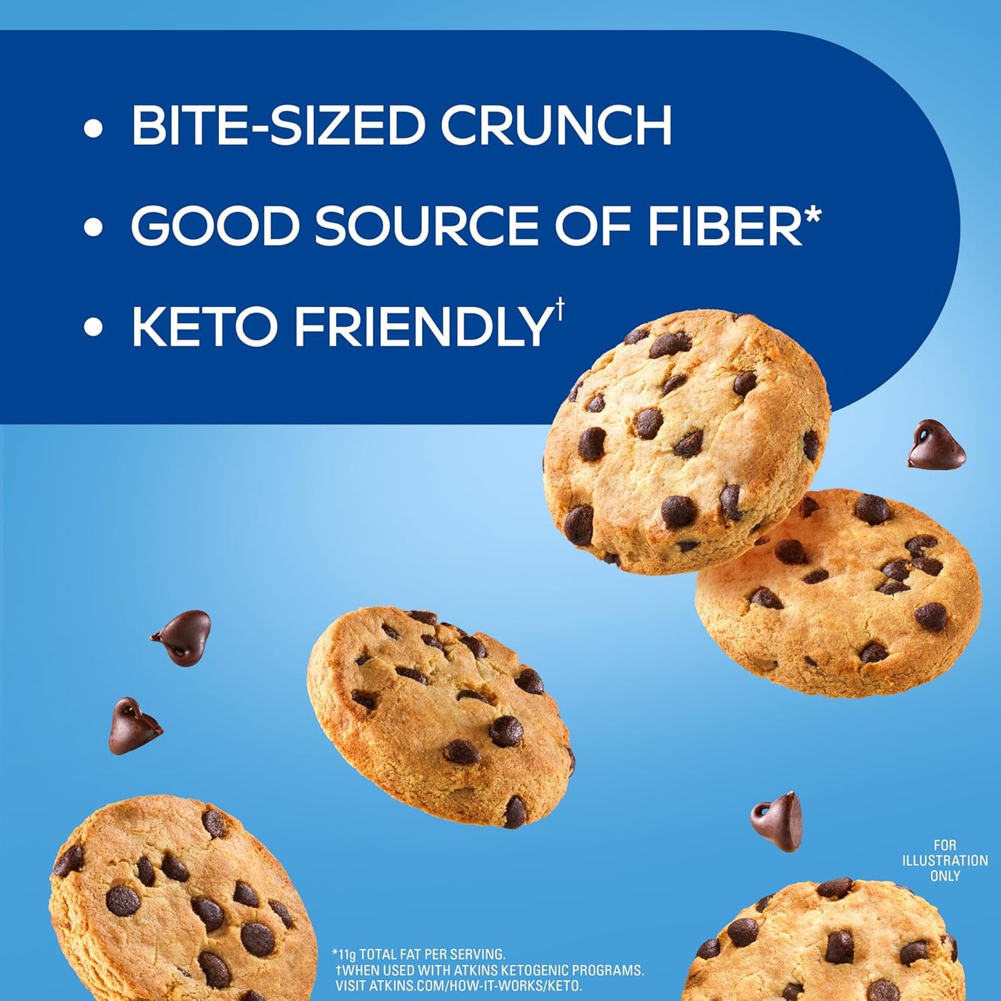 Atkins Chocolate Chip Protein Cookies, Bite-Sized Crunchy Snack, Keto Friendly with 8g Protein, 4g Fiber, 1g Net Carb, 1g Sugar - 3 Bags