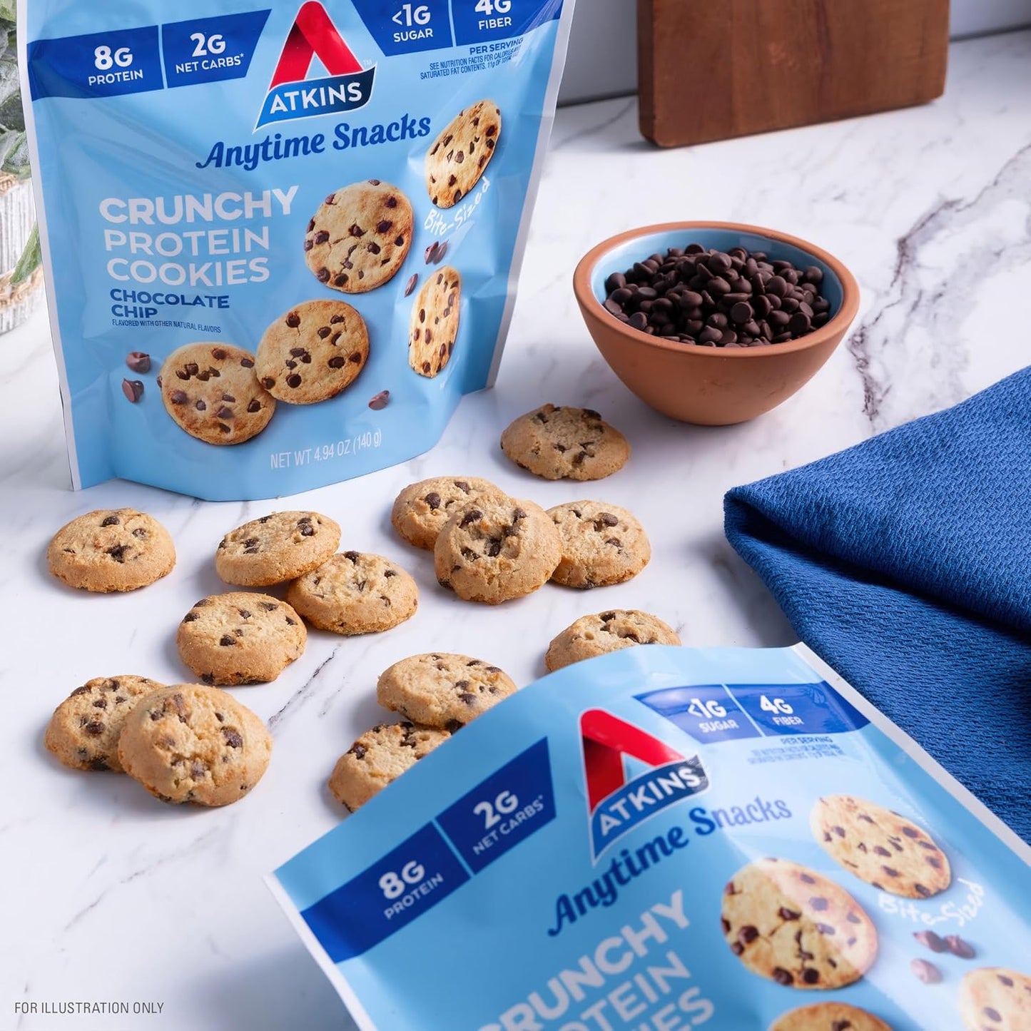 Atkins Chocolate Chip Protein Cookies, Bite-Sized Crunchy Snack, Keto Friendly with 8g Protein, 4g Fiber, 1g Net Carb, 1g Sugar - 3 Bags
