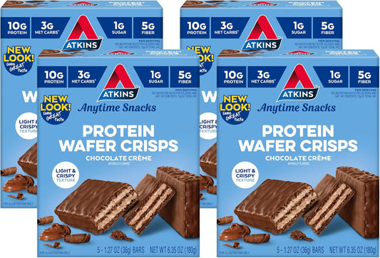 Atkins Chocolate Crème Protein Wafer Crisps - Low Carb, High Fiber, Keto-Friendly Protein Dessert - 5 Count x 4 Pack
