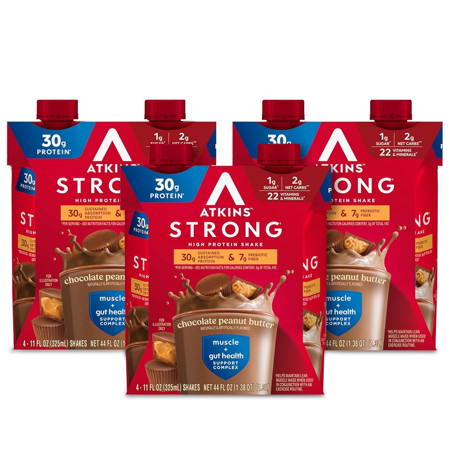 Atkins Chocolate Peanut Butter High Protein Shake, 30g Protein, 7g Fiber, Muscle & Gut Health, 12 Pack