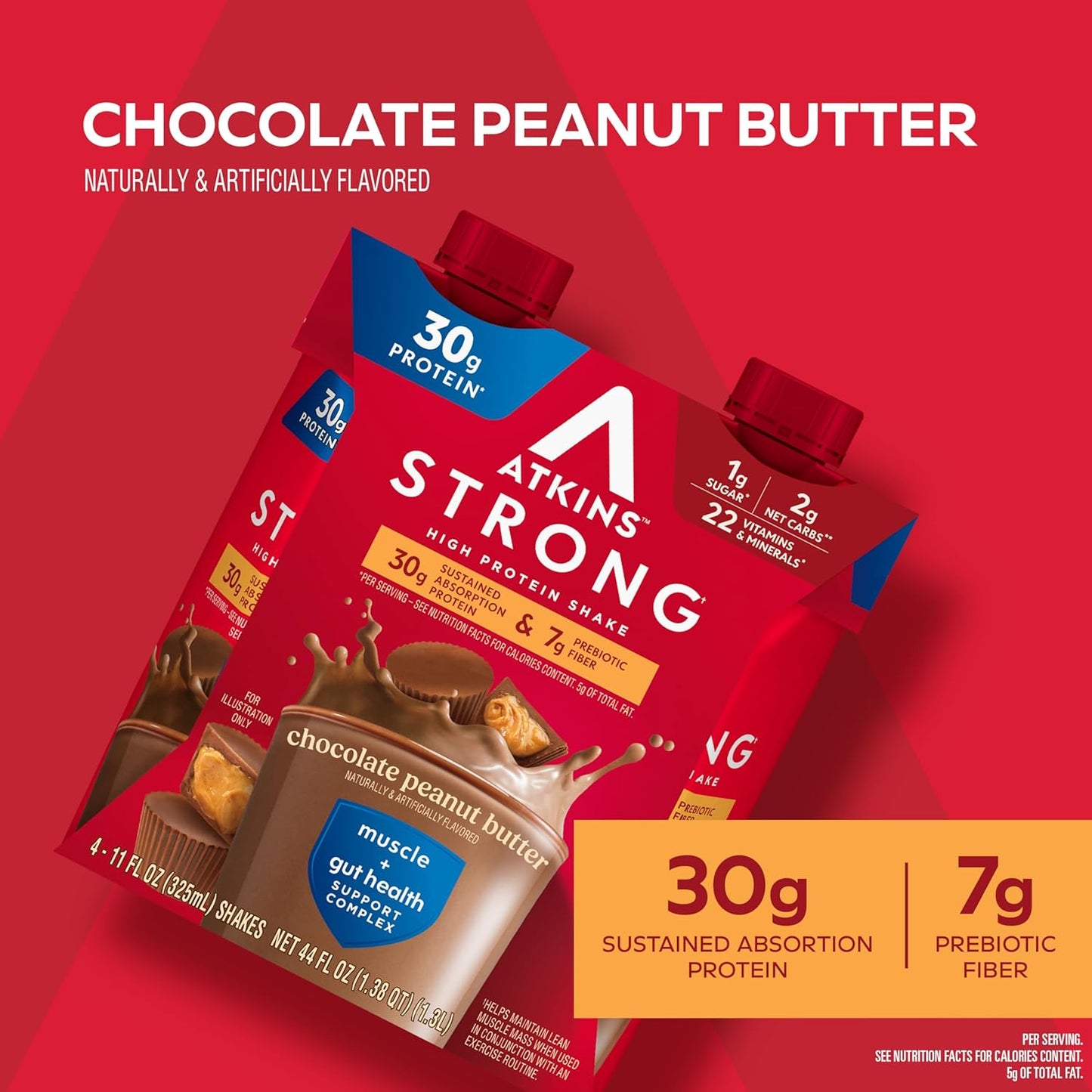 Atkins Chocolate Peanut Butter High Protein Shake, 30g Protein, 7g Fiber, Muscle & Gut Health, 12 Pack