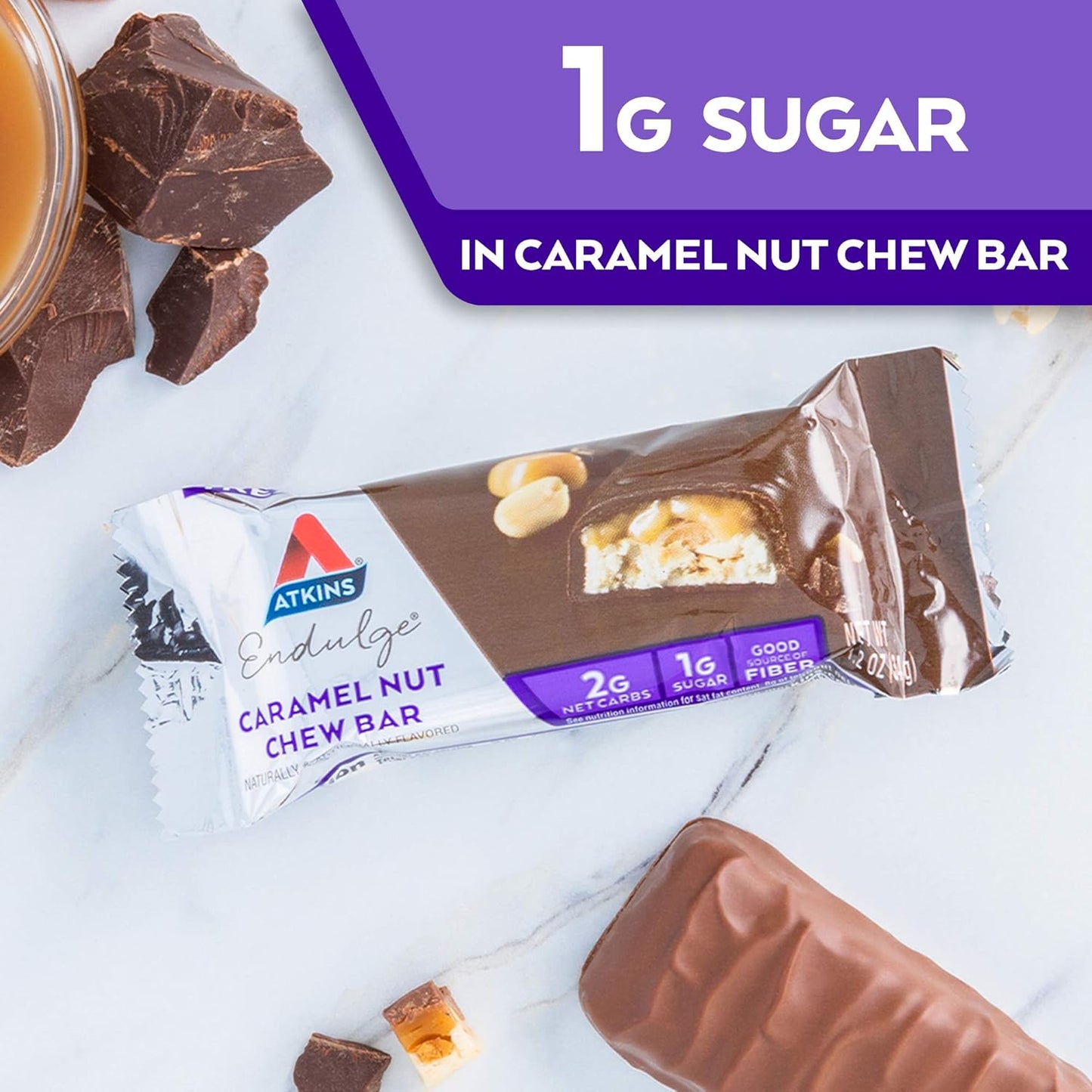 Atkins Endulge Caramel Nut Chew Bars - 1g Sugar, High Fiber, Low Sugar - 10 Pack