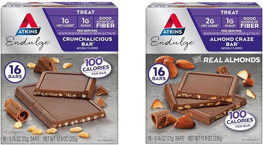 Atkins Endulge Treat Bars, Crunchy Almond Flavor, Low Net Carbs & Sugar, High Fiber, Keto-Friendly, 16 Bars