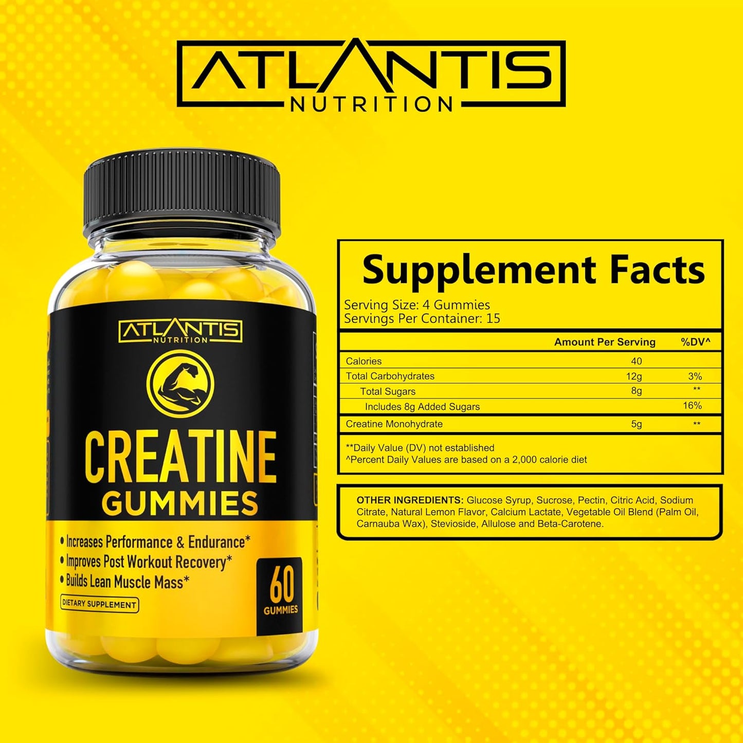 Atlantis Nutrition Creatine Monohydrate Gummies - 5g Per Serving, Build Muscle & Boost Performance - 120 Count