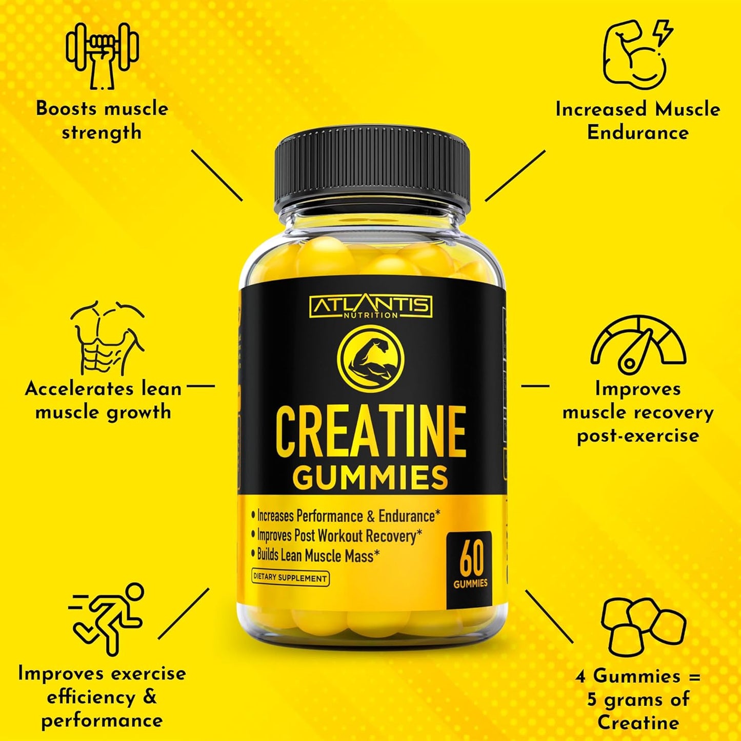 Atlantis Nutrition Creatine Monohydrate Gummies - 5g Per Serving, Build Muscle & Boost Performance - 120 Count