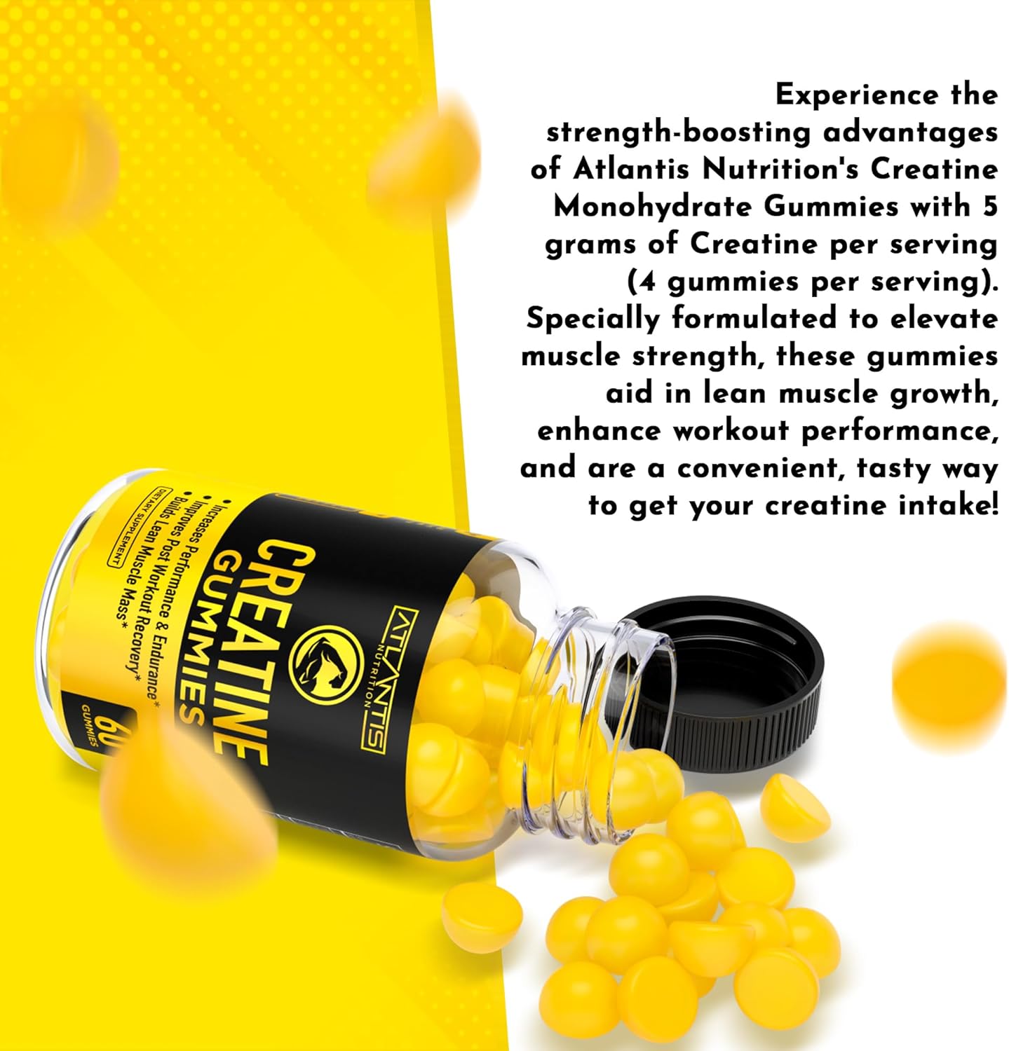 Atlantis Nutrition Creatine Monohydrate Gummies - 5g Per Serving, Build Muscle & Boost Performance - 120 Count